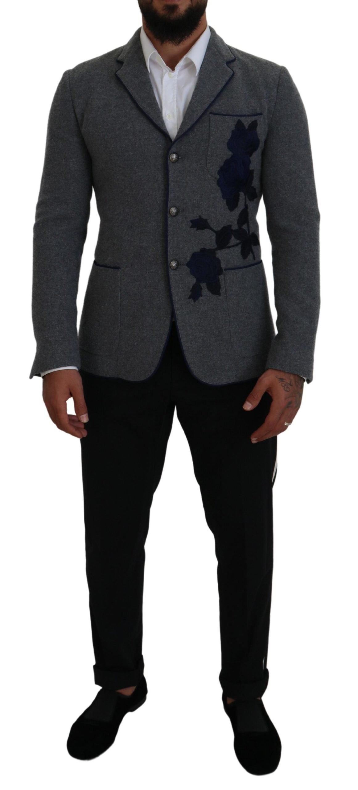 Dolce & Gabbana Graue Wolle Rosen Slim Fit Jacke Blazer