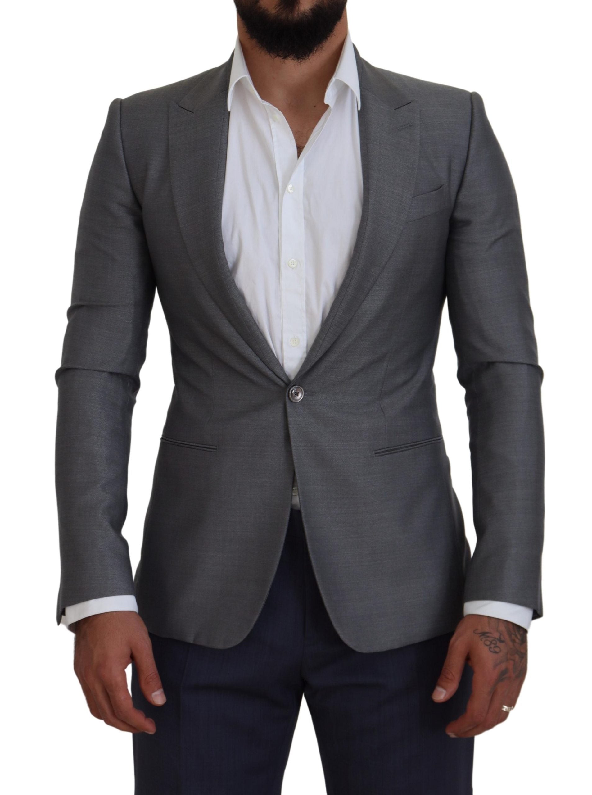 Dolce & Gabbana Graue Wolle Seide Slim Fit Jacke Blazer