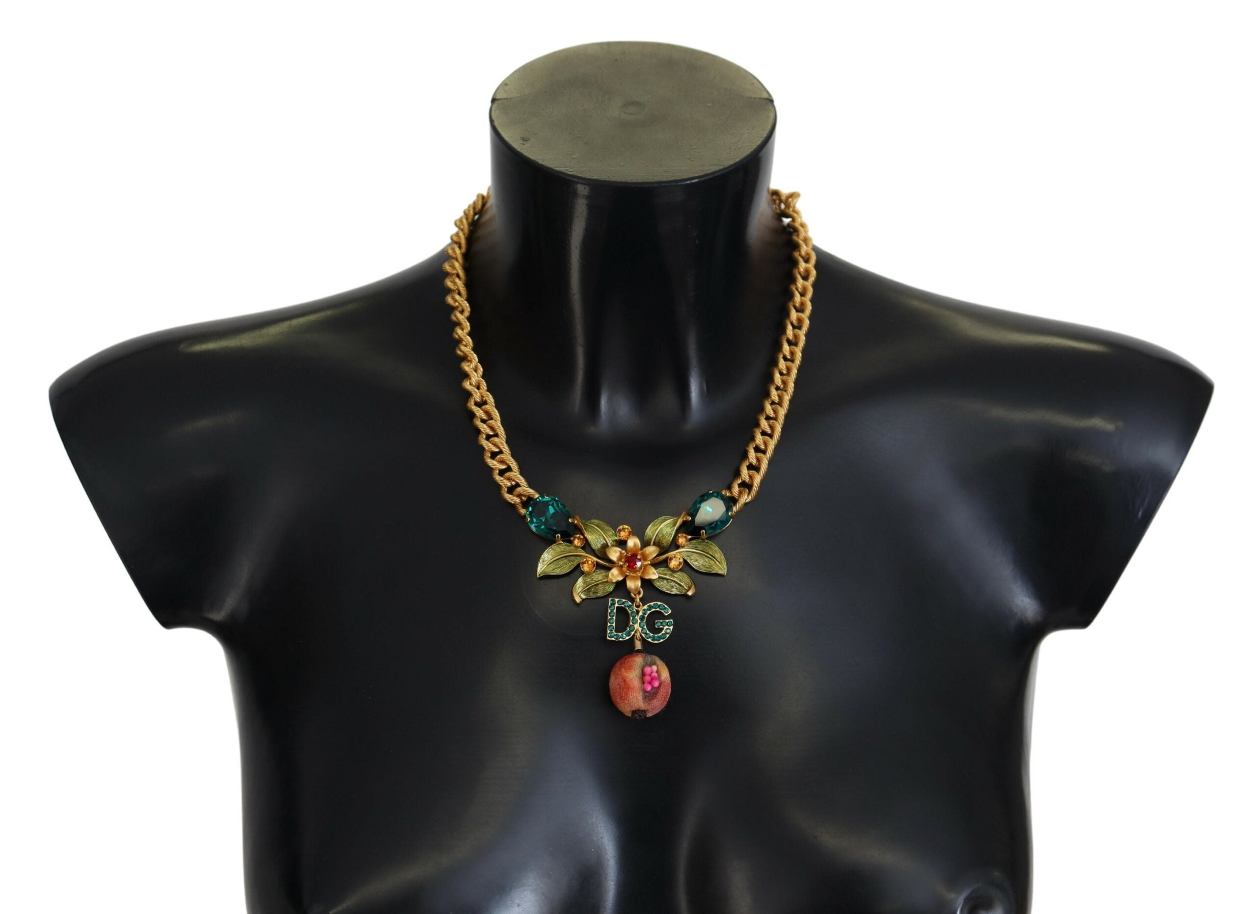 Dolce & Gabbana Gold Messing Kristall Logo Obst Floral Statement Halskette