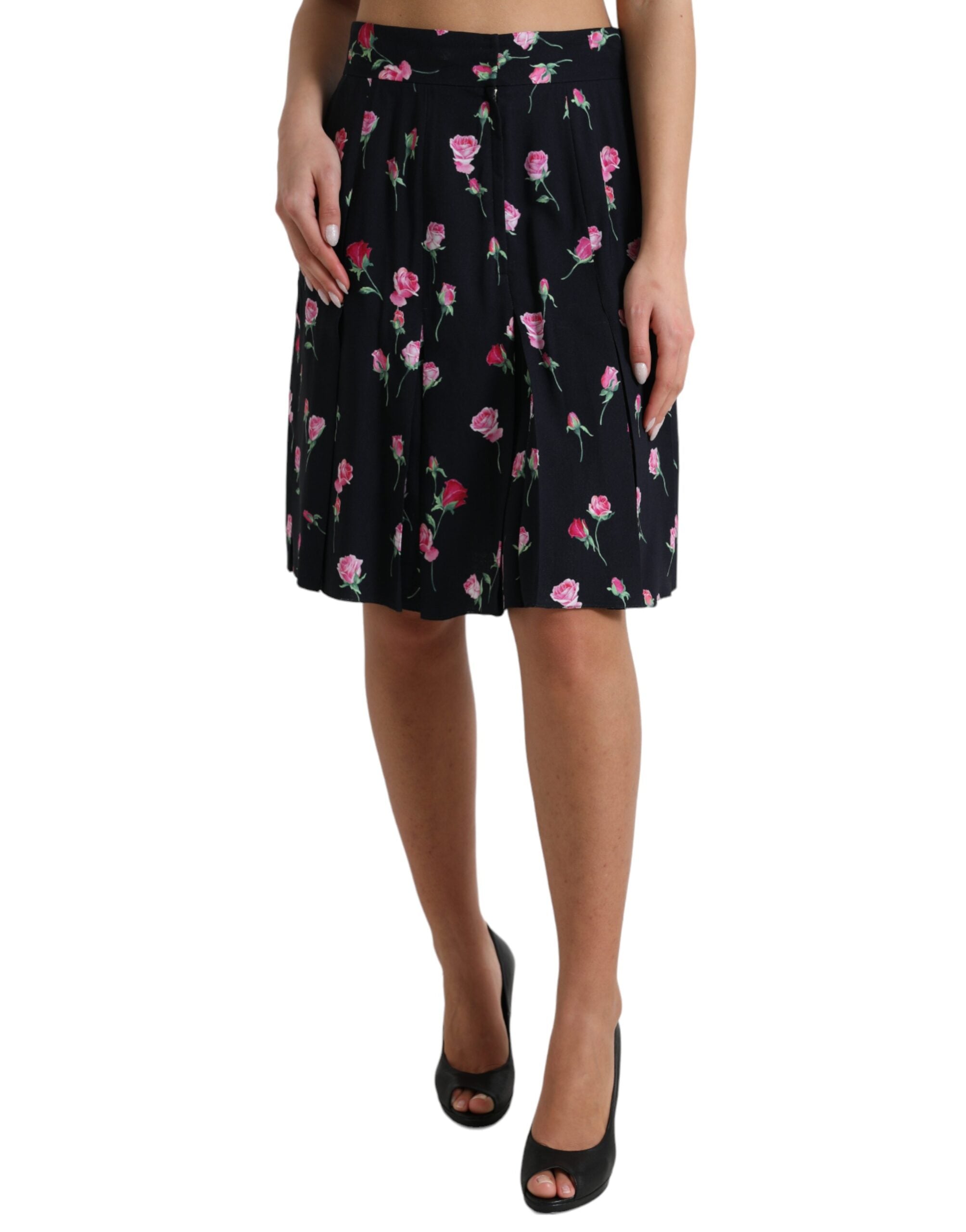 Dolce & Gabbana Schwarzer Rosenrock mit hoher Taille und knielanger A-Linie