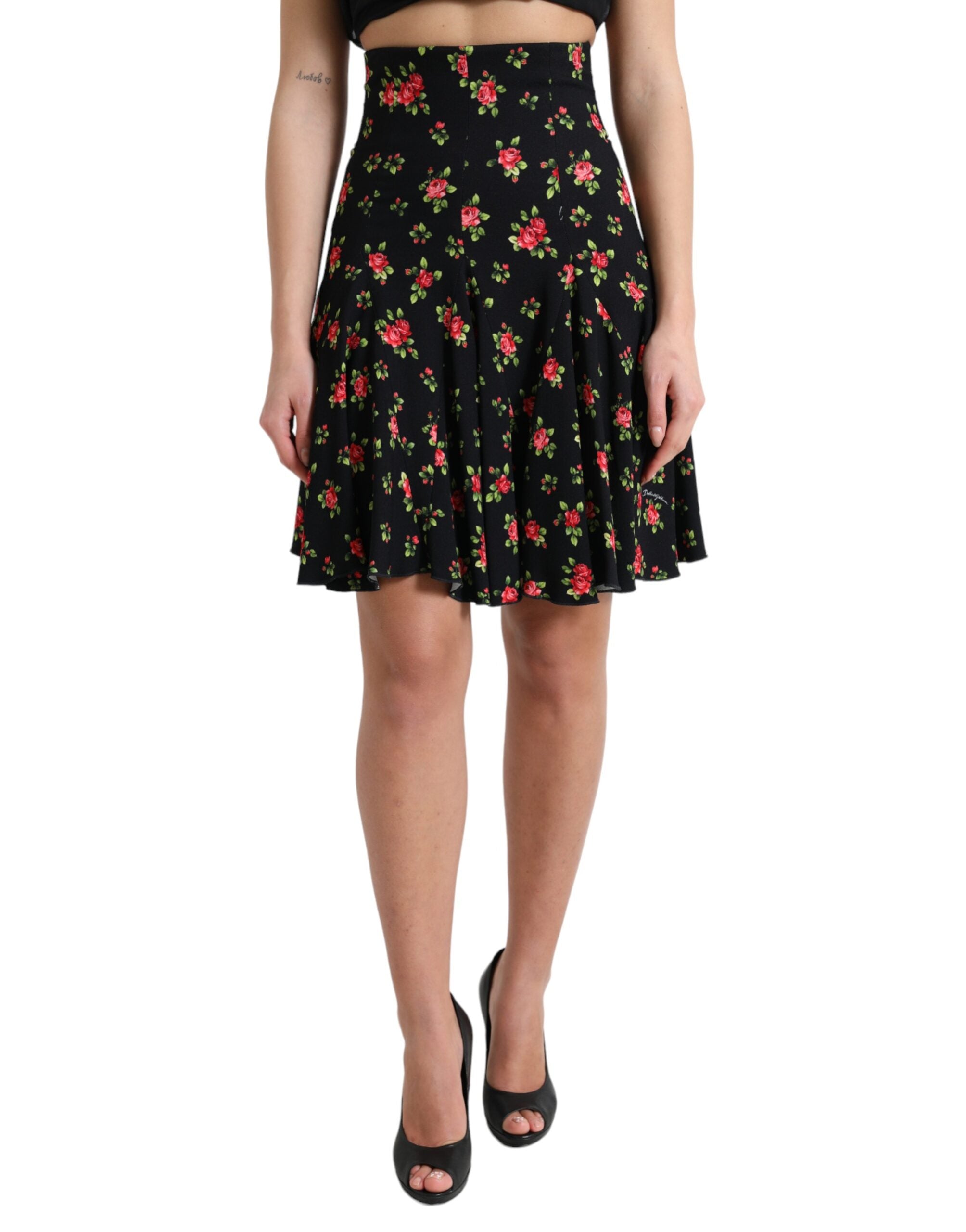 Dolce & Gabbana Schwarzer Rosenmuster-Minirock mit hoher Taille und A-Linie