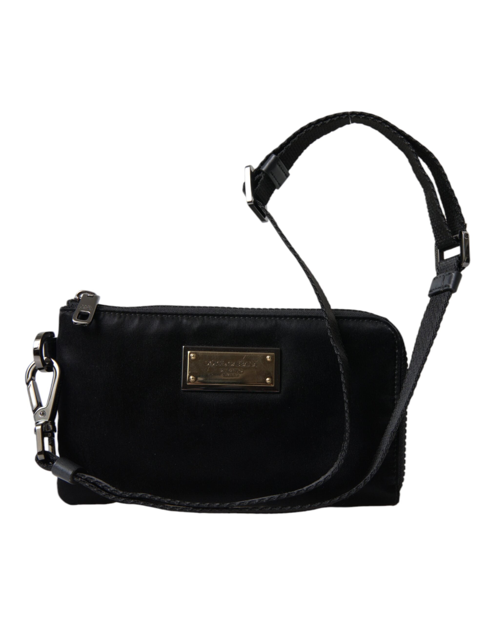 Dolce & Gabbana Schwarzes Nylon Logo Plaque Schlüsselanhänger Tasche Clutch