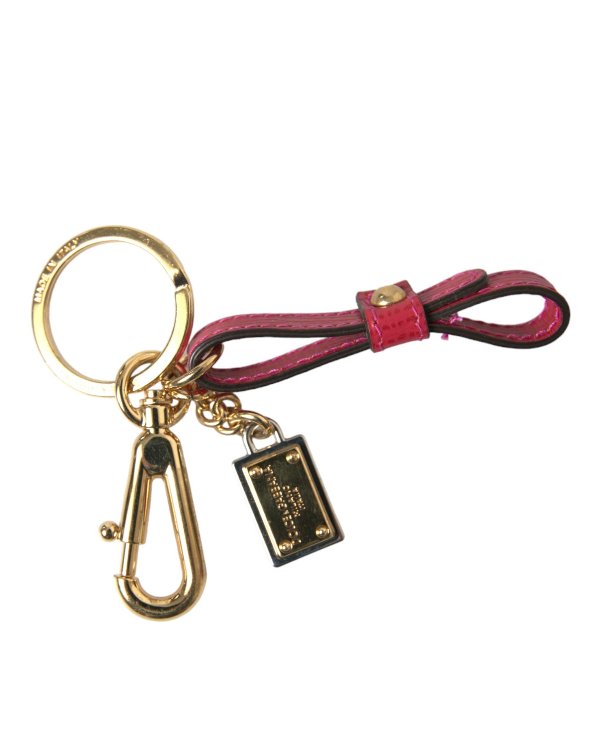 Dolce & Gabbana Rotes Kalbsleder Gold Metall Logo Plaque Schlüsselring Schlüsselanhänger