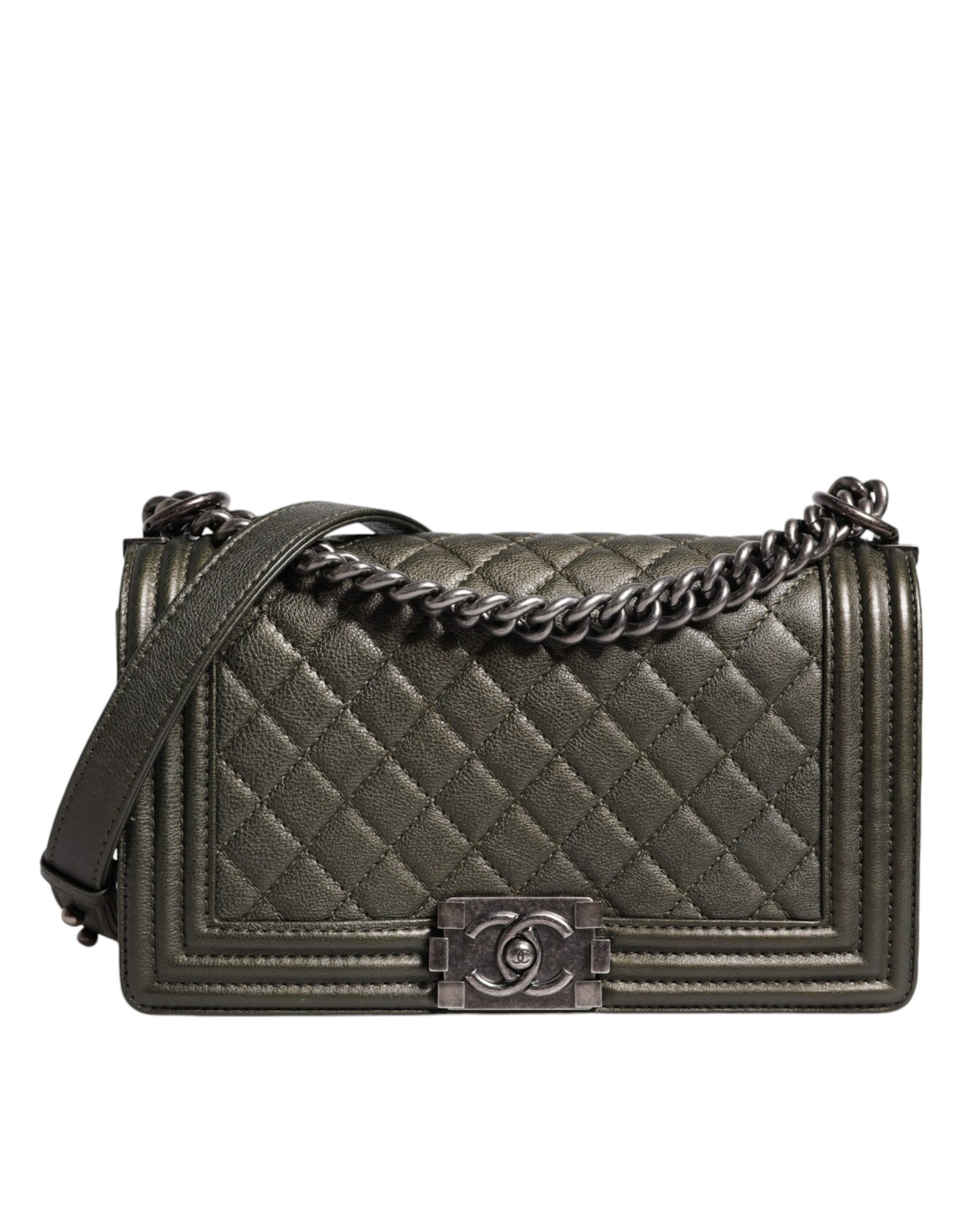 Chanel Dunkelgrüne Leder-Umhängetasche Graue Metall-Geldbörse Tasche