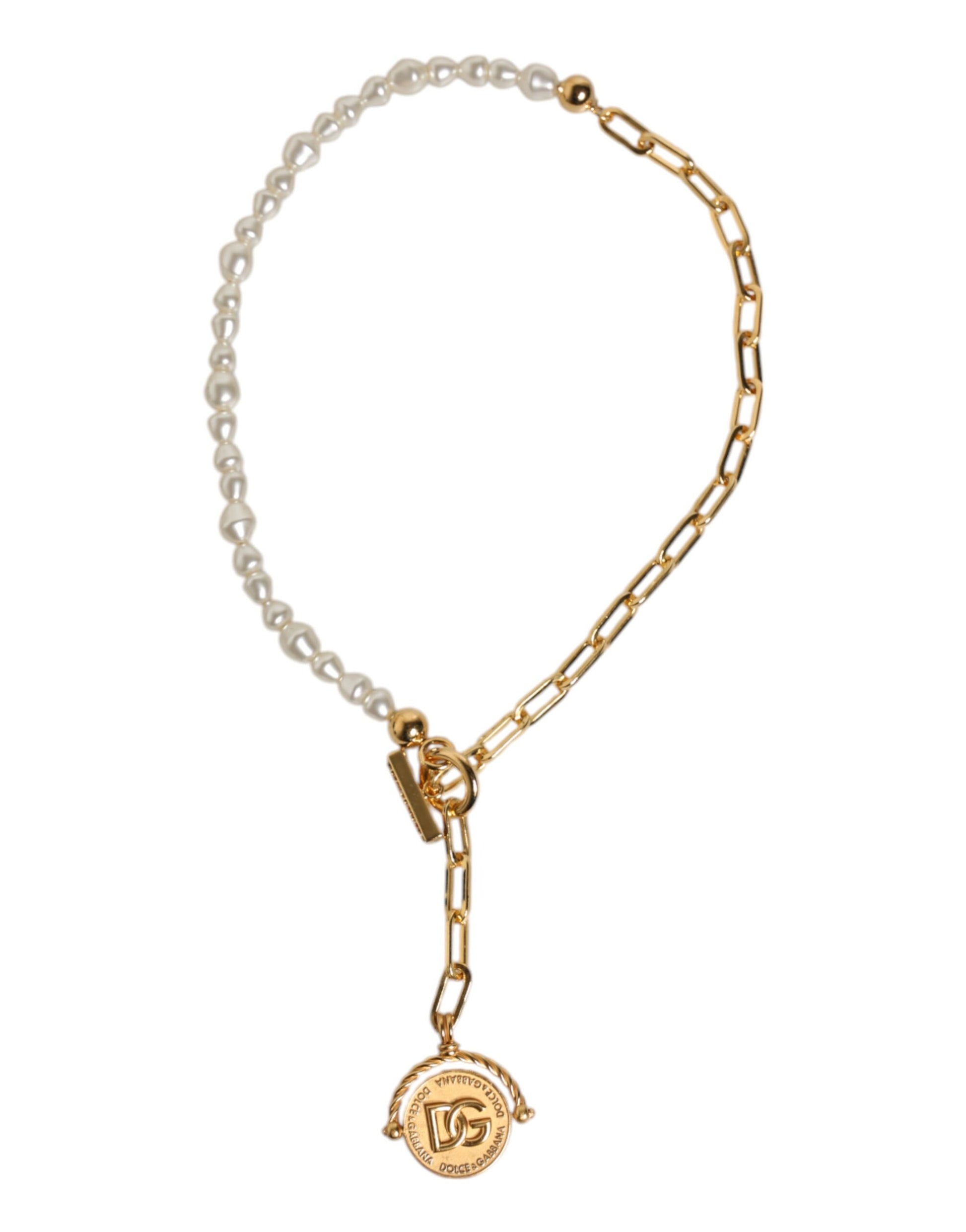 Dolce & Gabbana Goldkette Messing Faux Pearl Charm Logo Anhänger Halskette