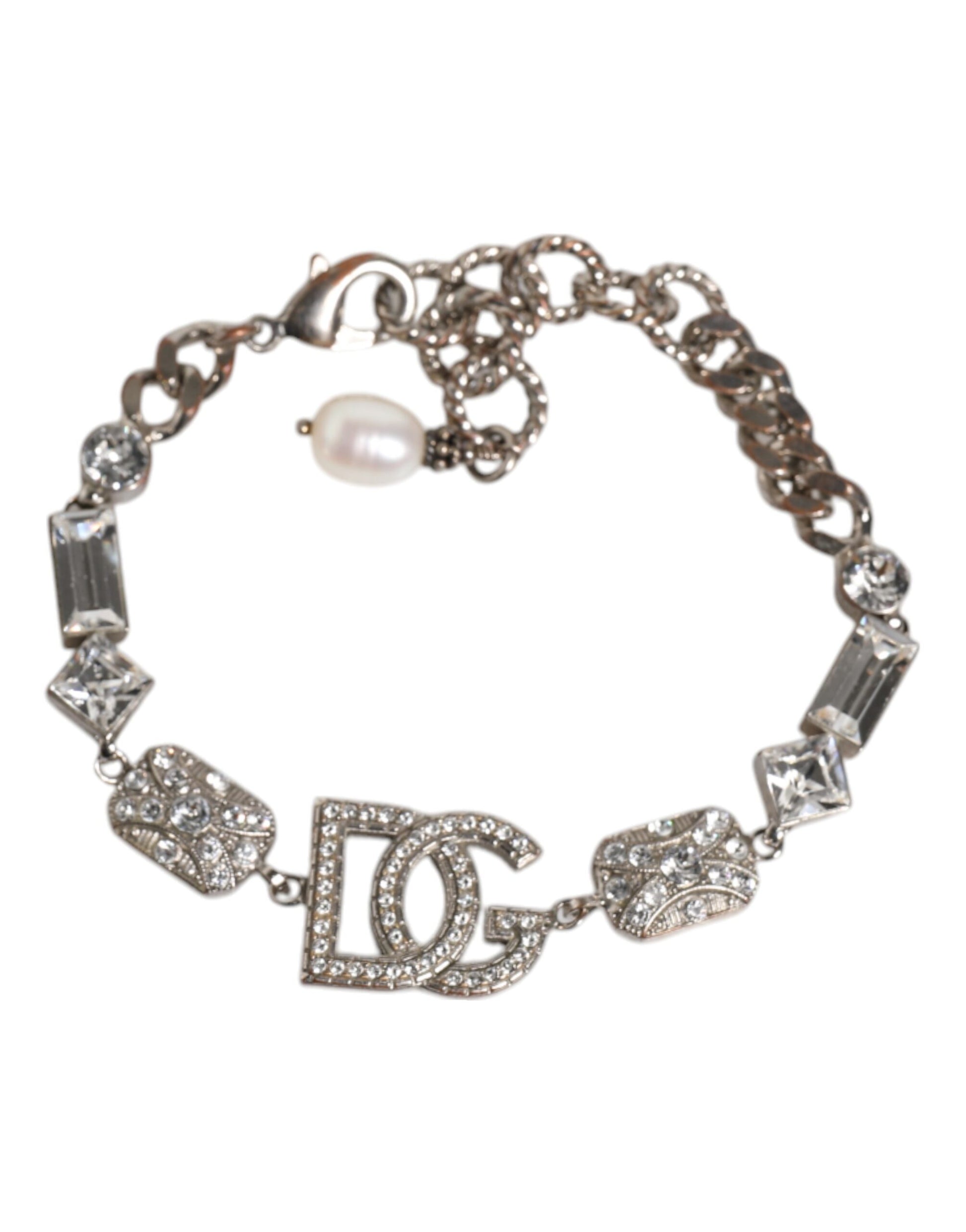 Dolce & Gabbana Silber Messing Kristall DG Logo Charm verschönert Armband