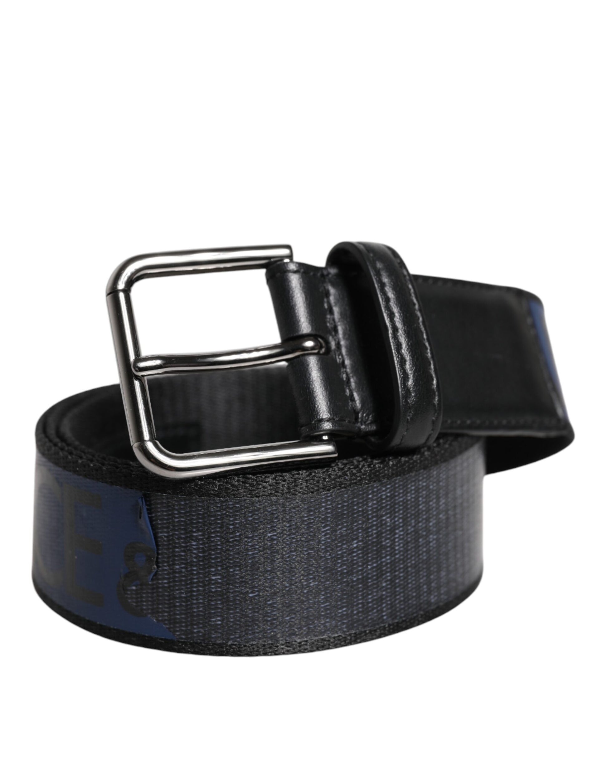 Dolce & Gabbana Schwarzer blauer Polyestergürtel mit gedruckter Metallschnalle
