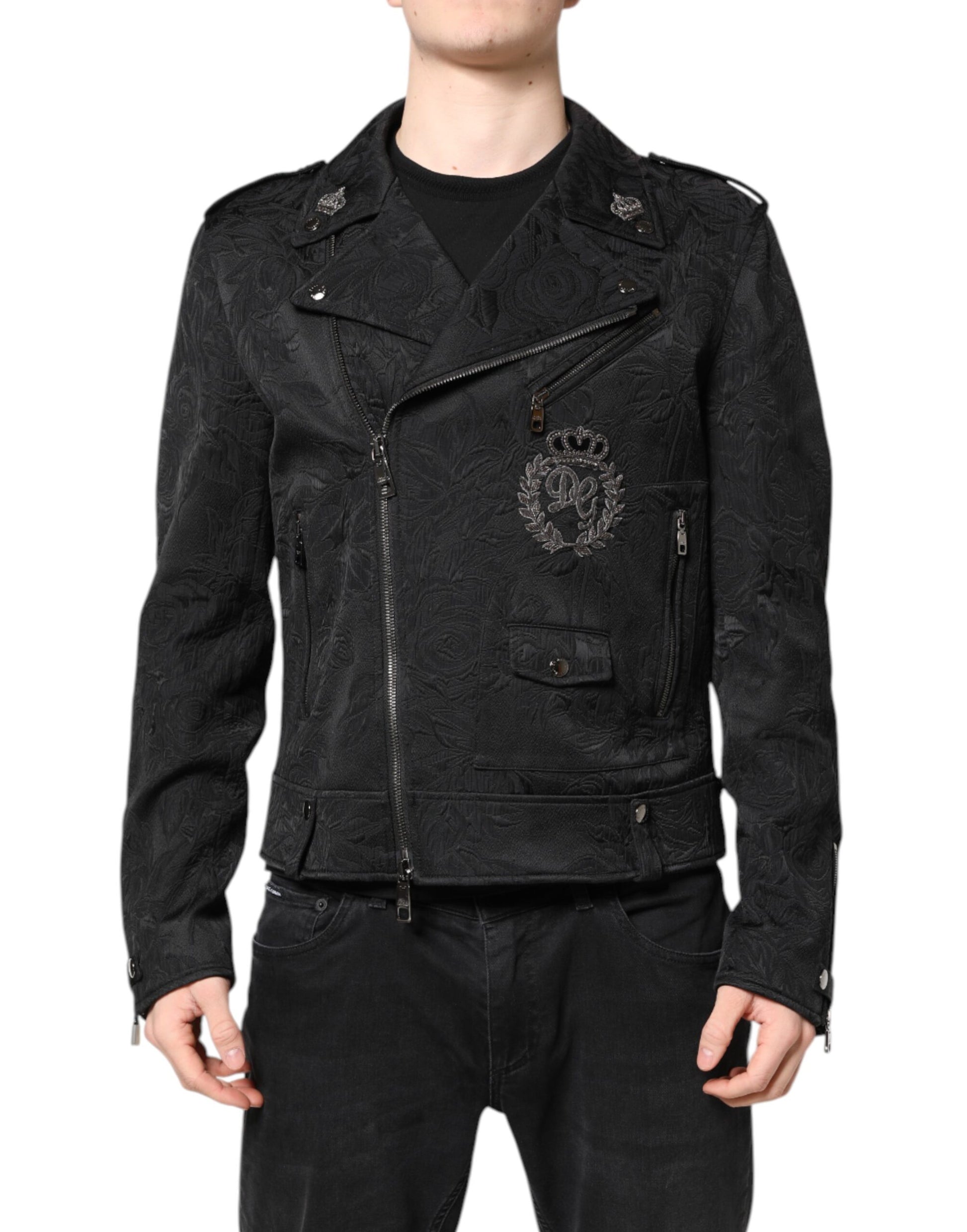 Dolce & Gabbana Schwarze Brokat-Baumwoll-Bikerjacke mit durchgehendem Reißverschluss