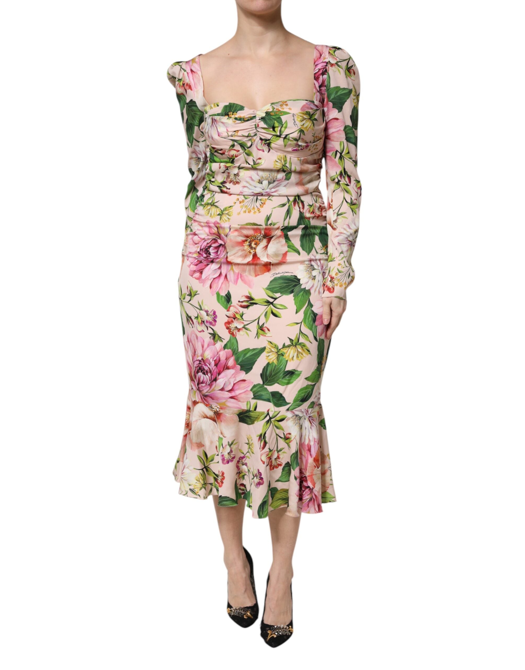 Dolce & Gabbana Rosa geblümtes Midikleid aus Seide mit ausgestelltem Rock