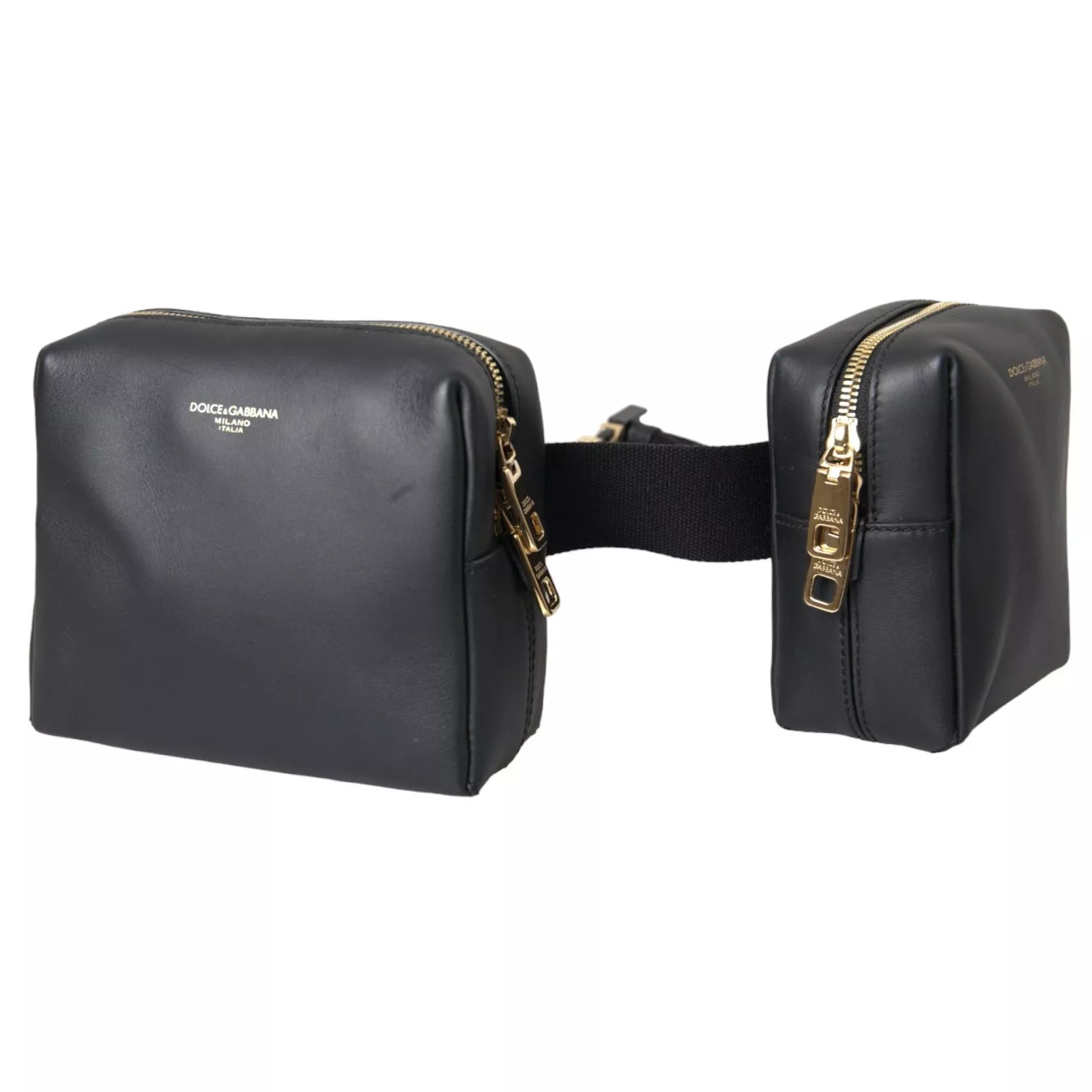 Dolce & Gabbana Schwarze Gürteltasche aus Kalbsleder mit doppeltem Gürtel und Bauchtasche