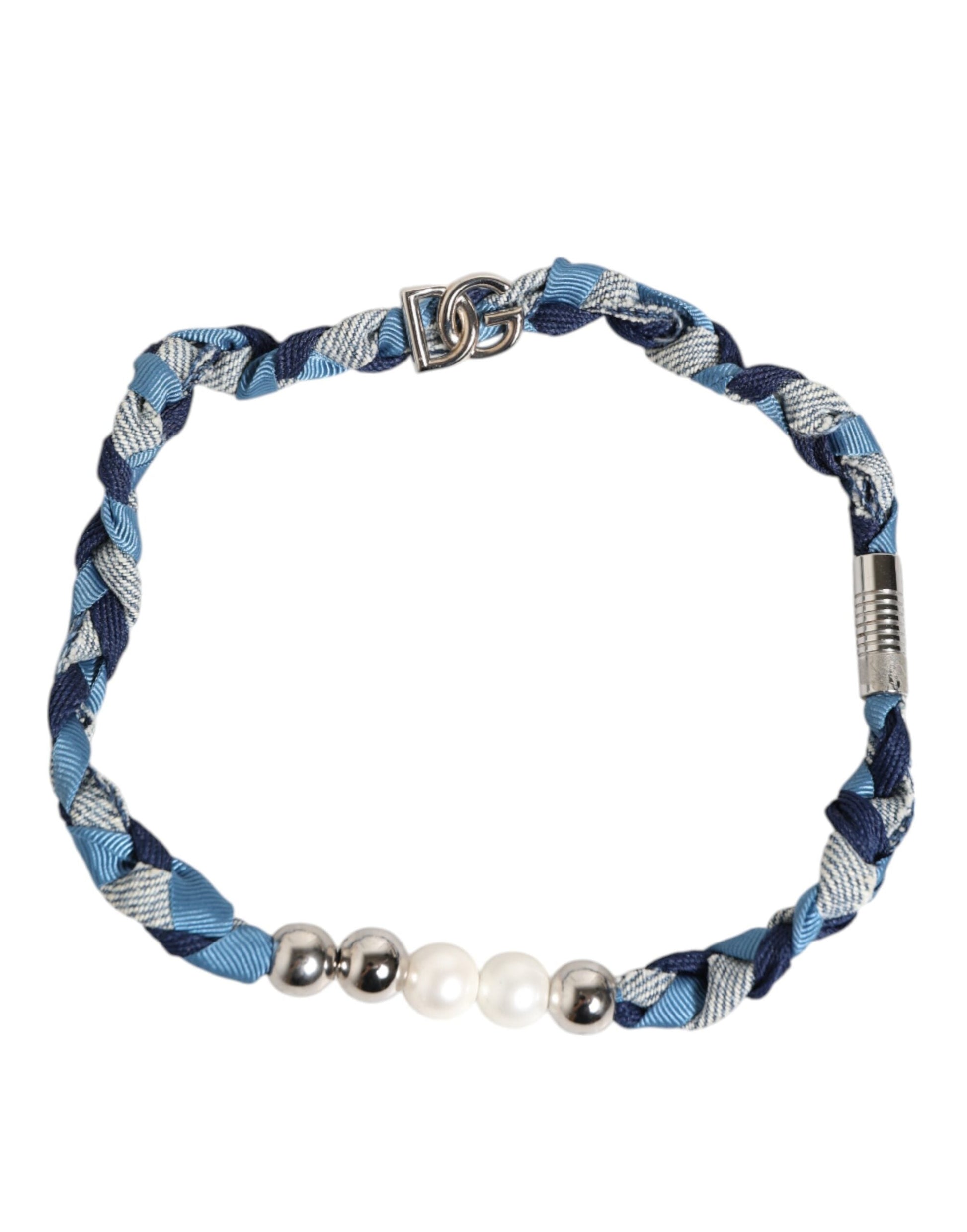 Dolce & Gabbana Blau Weiß Geflochtenes Silber Metall Logo Perlen Armband für Männer