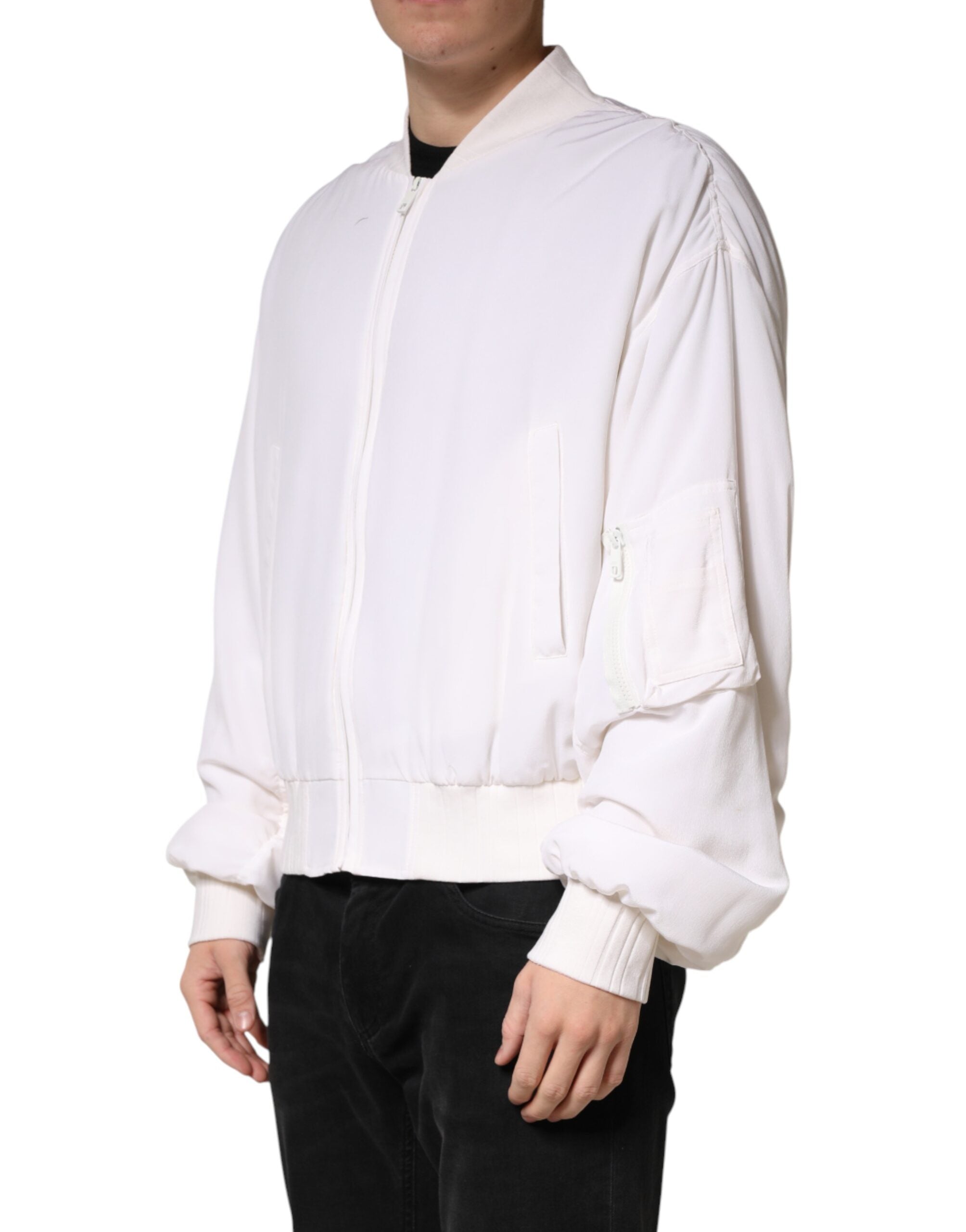 Dolce & Gabbana White Silk Full Zip Bomber Blouson Jacket