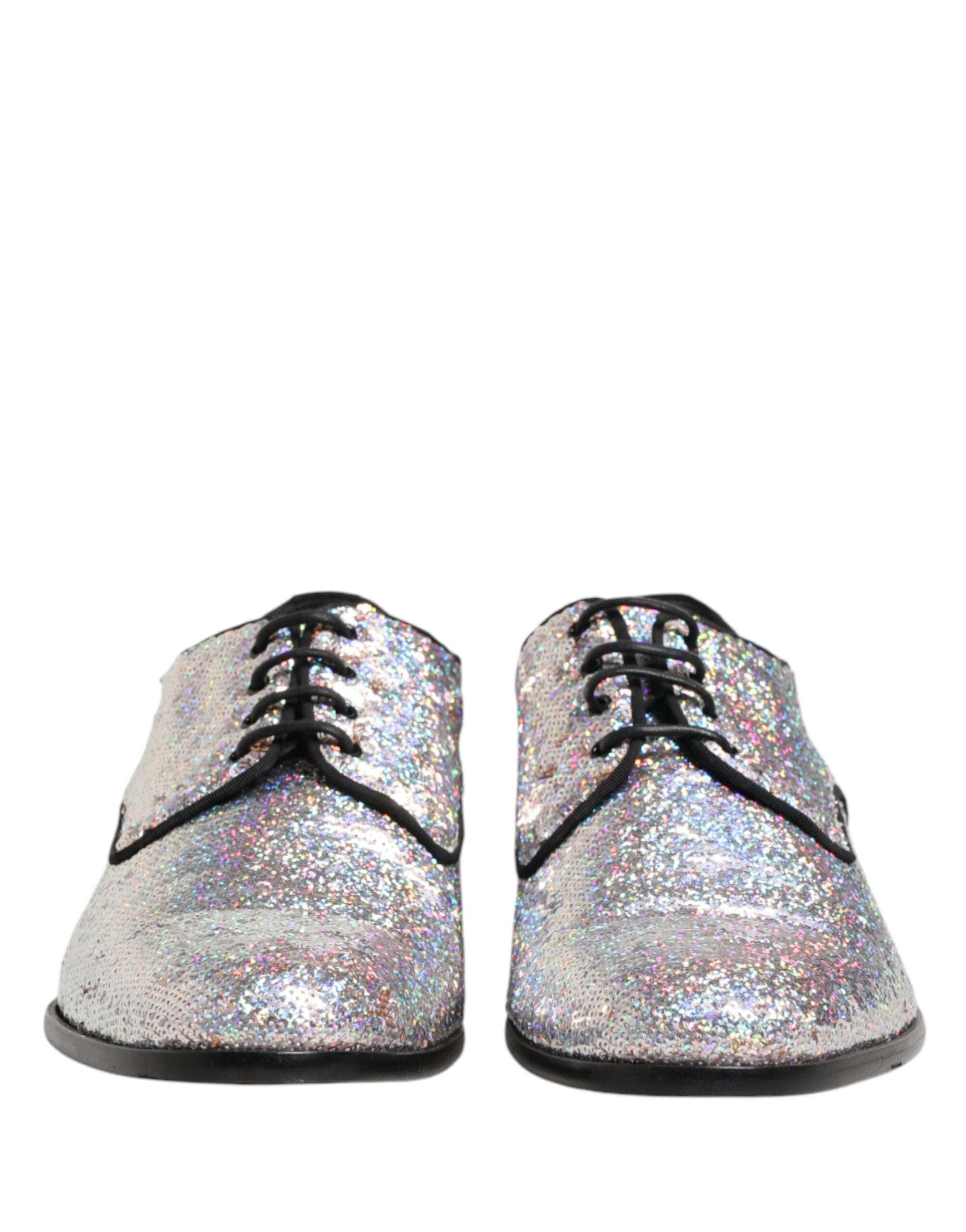 Dolce & Gabbana Silver Sequined Lace Up Men Derby Dress Shoes