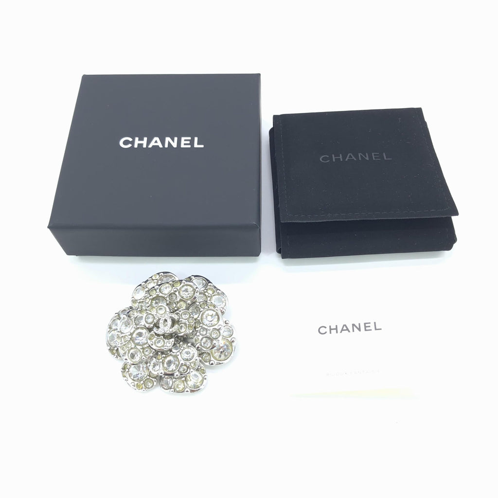 Chanel Silver Crystal Camellia Flower Brooch
