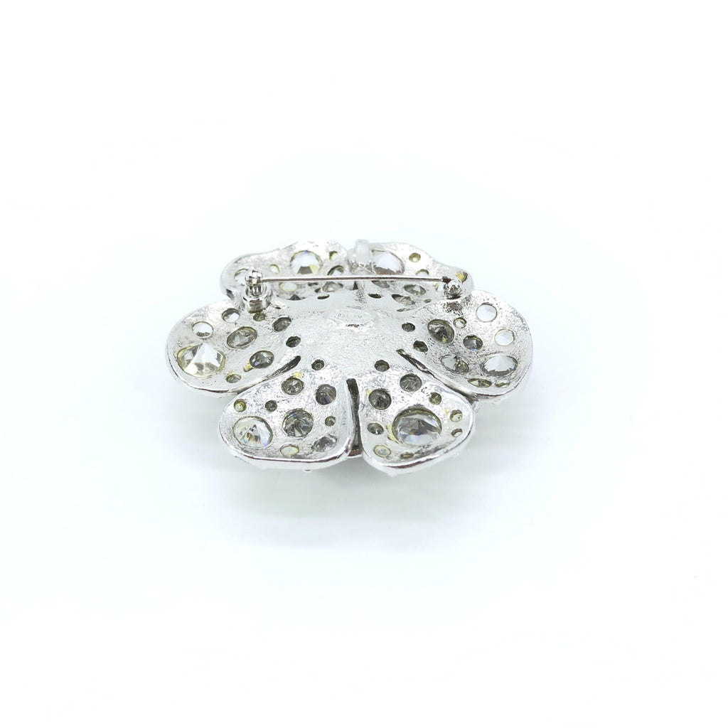 Chanel Silver Crystal Camellia Flower Brooch
