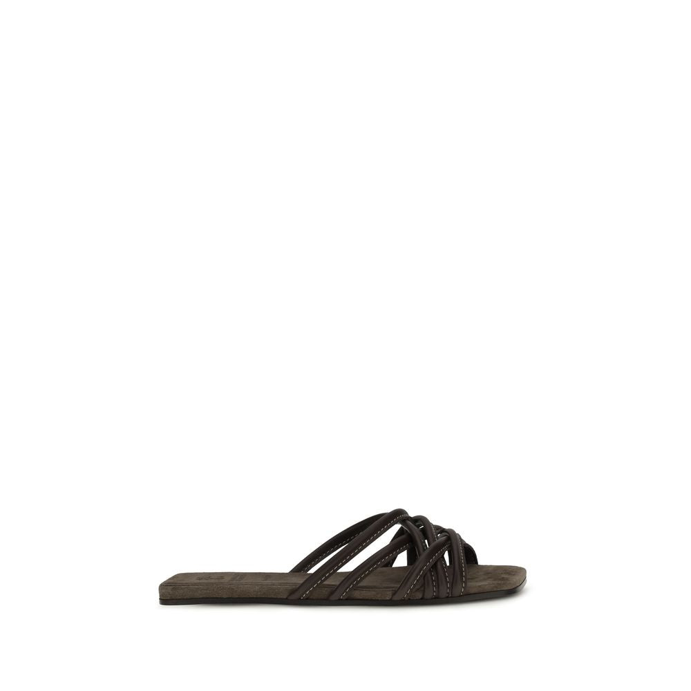 Brunello Cucinelli Brown Calf Leather Bos Taurus Flat Sandals