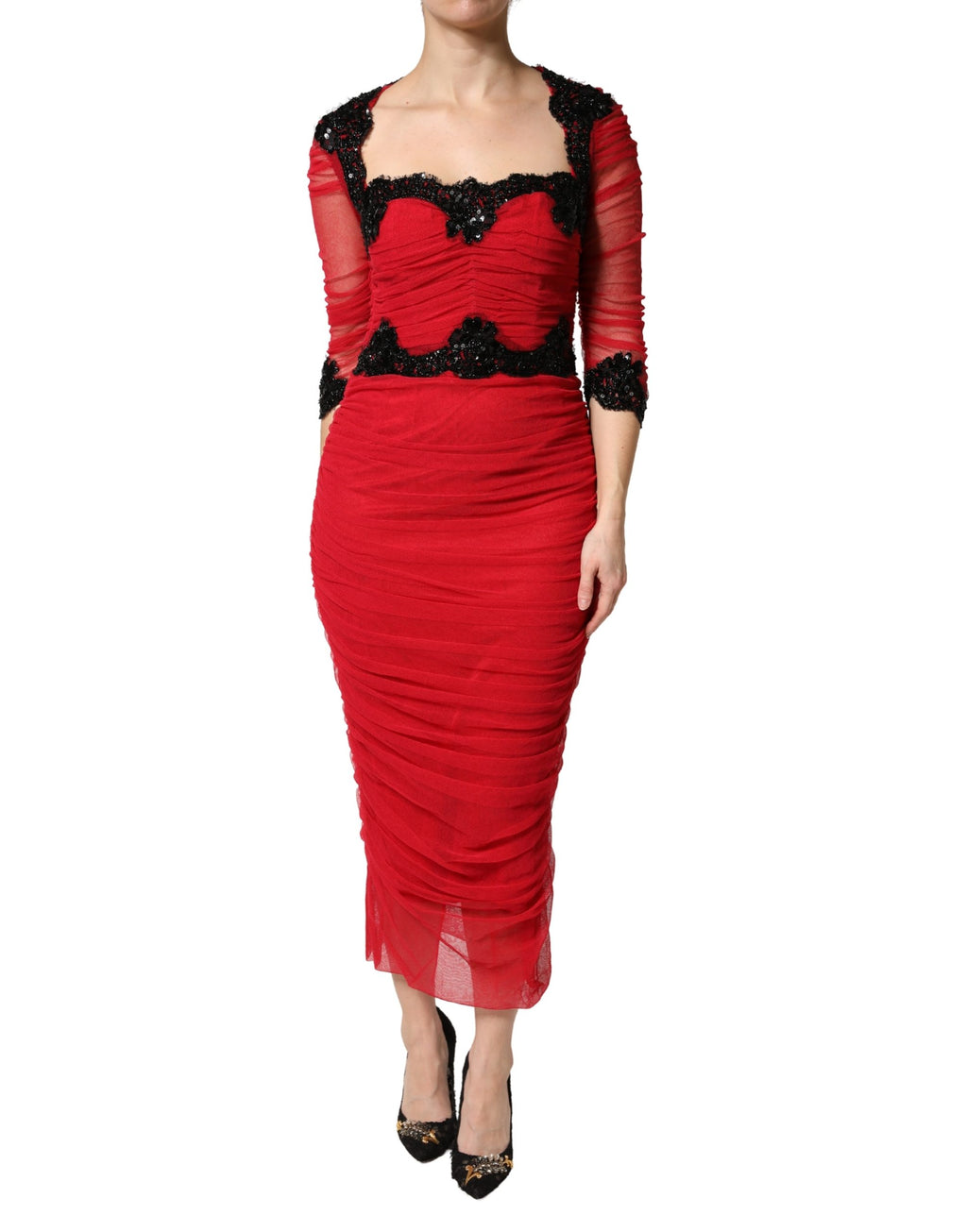 Dolce & Gabbana Red Mesh Trim Bodycon Sheath Midi Dress