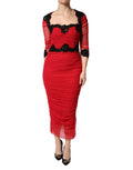 Dolce & Gabbana Red Mesh Trim Bodycon Sheath Midi Dress
