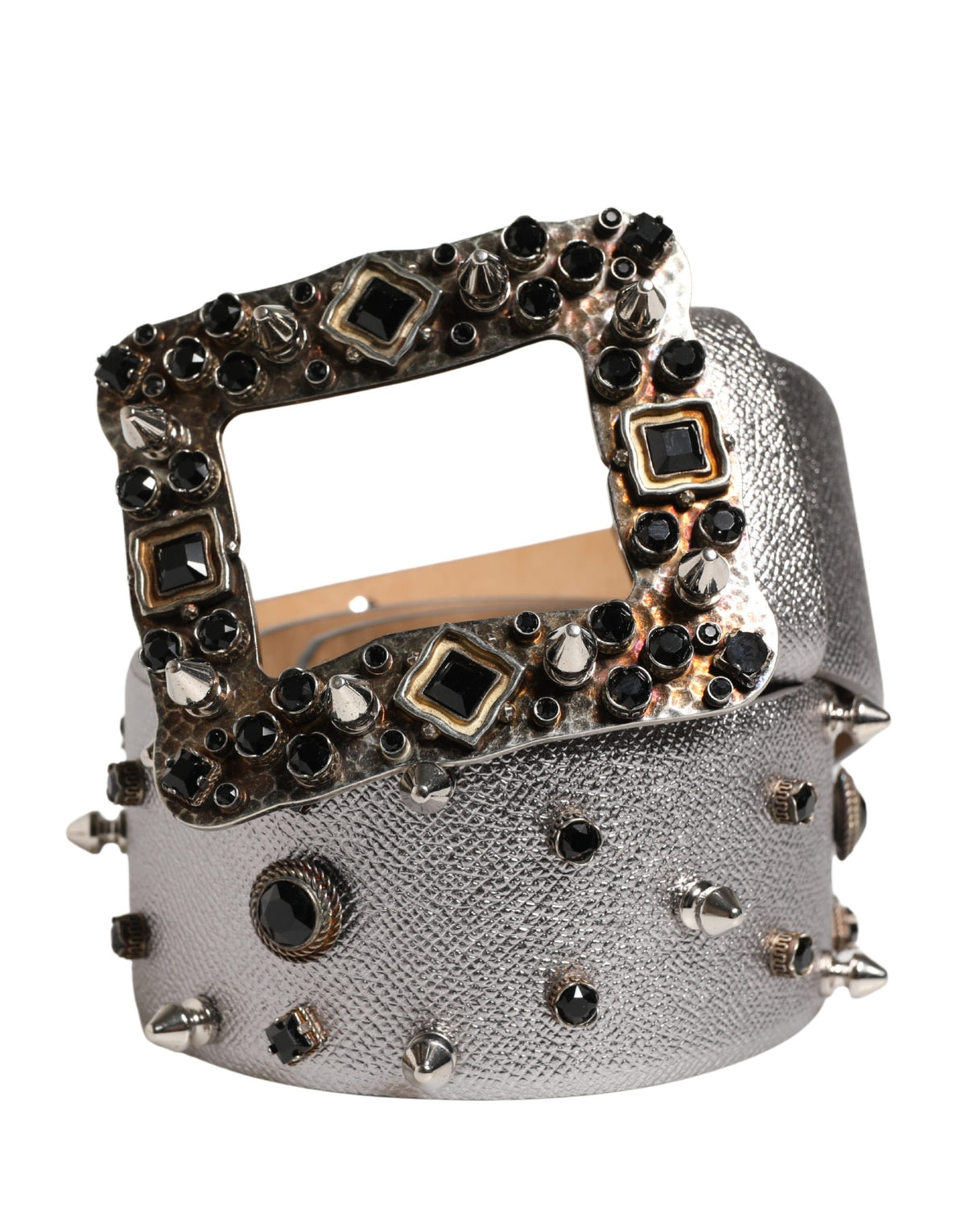 Dolce & Gabbana Gürtel aus silbernem Leder mit Metallschnalle und Kristallen