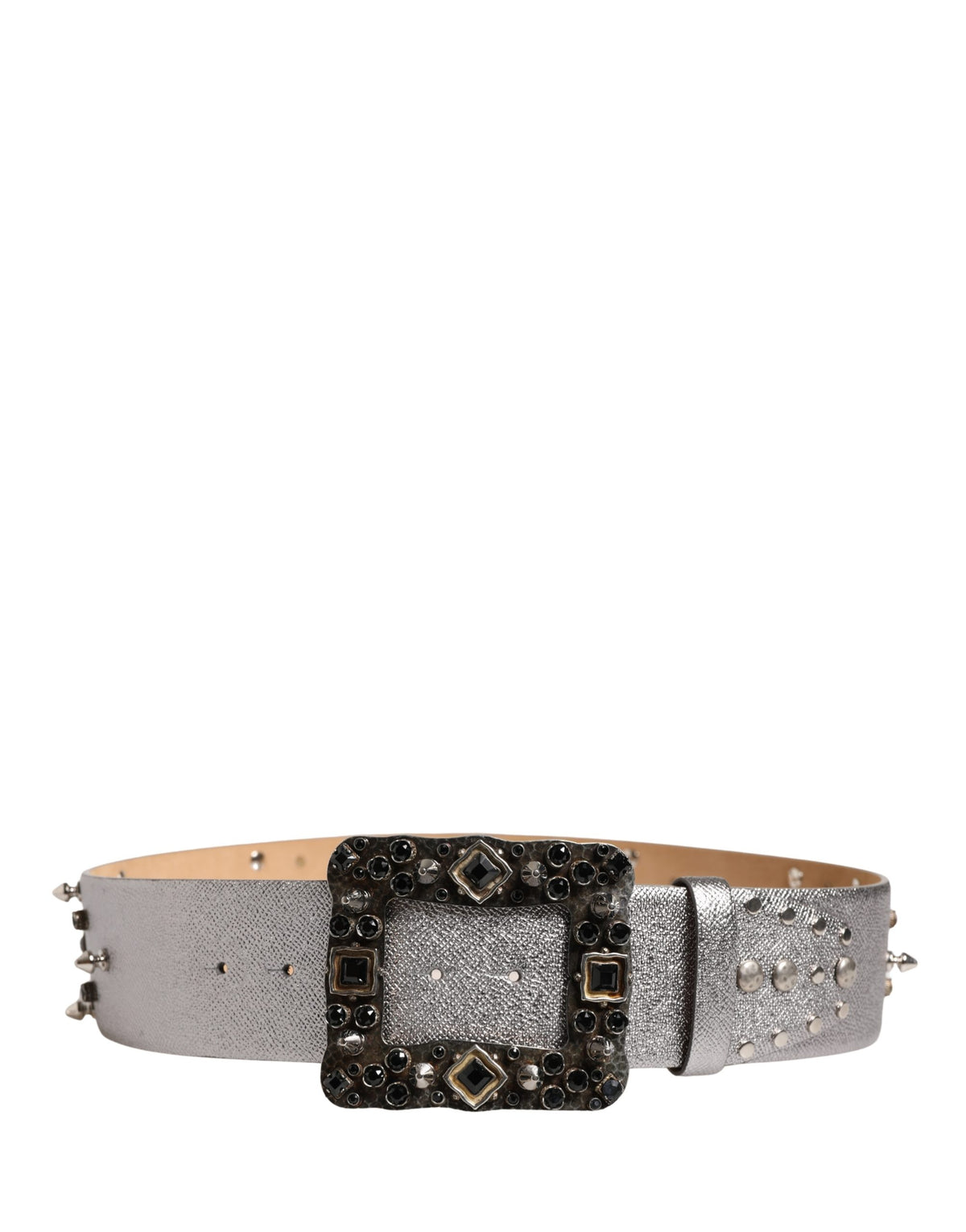 Dolce & Gabbana Gürtel aus silbernem Leder mit Metallschnalle und Kristallen