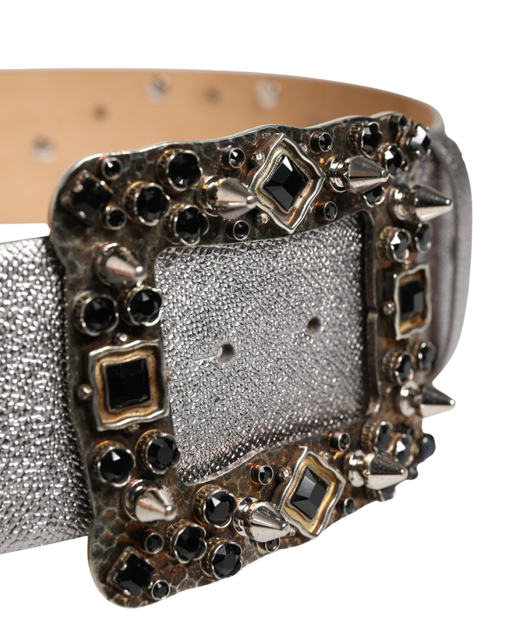 Dolce & Gabbana Gürtel aus silbernem Leder mit Metallschnalle und Kristallen