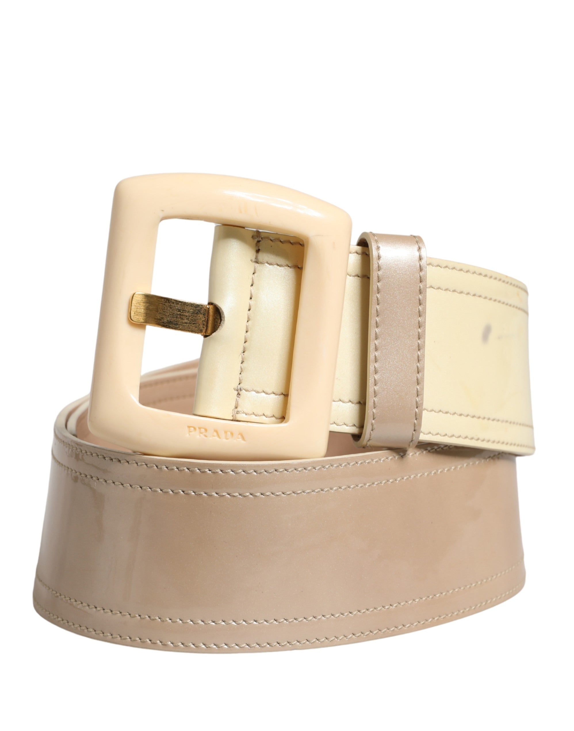 Prada Beige Leather Logo Wide Waist Women Square Buckle Belt