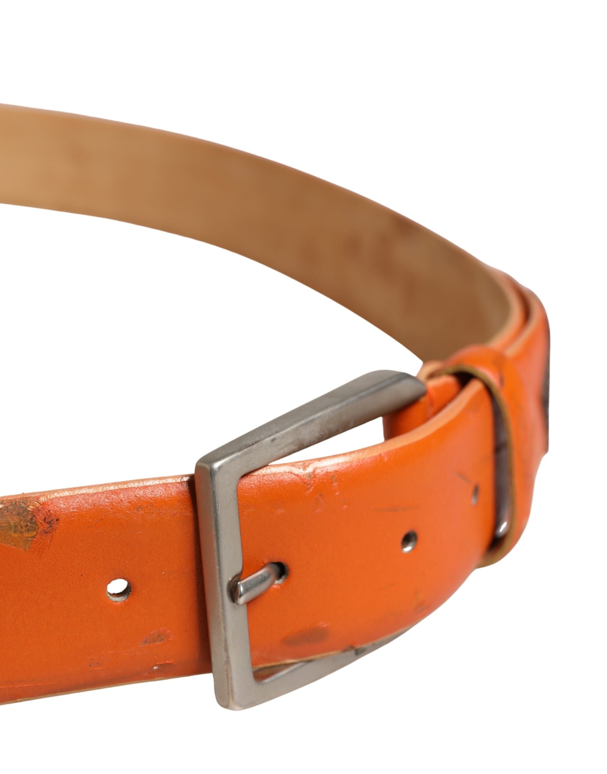Etro Orange Genuine Leather Silver Metal Buckle Waist Belt
