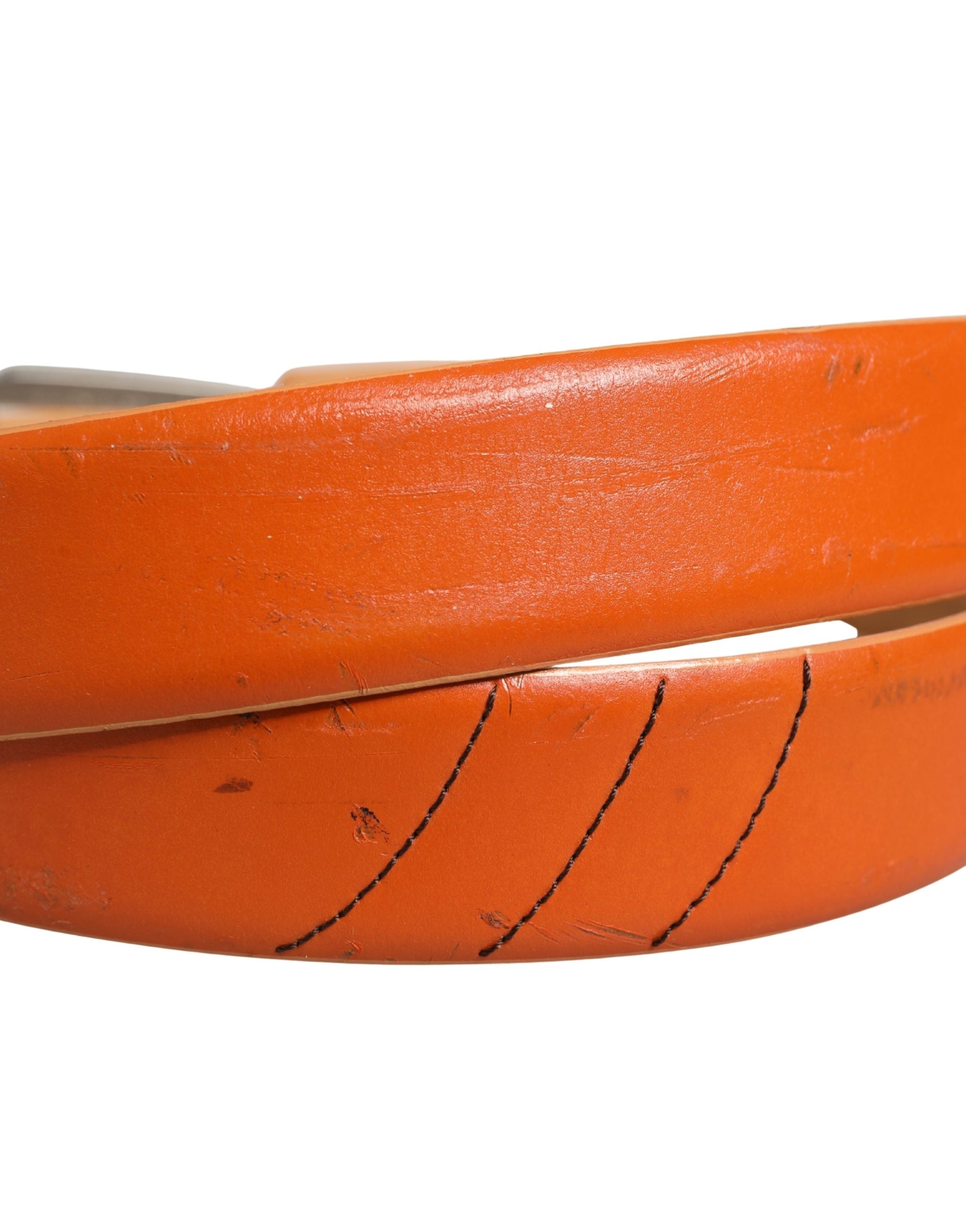 Etro Orange Genuine Leather Silver Metal Buckle Waist Belt