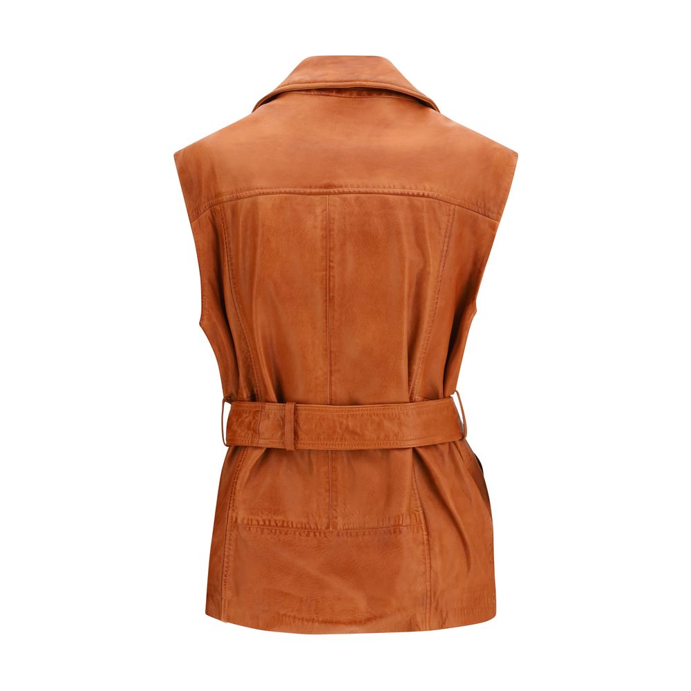 PINKO Brown Goatskin Sleveless Jacket