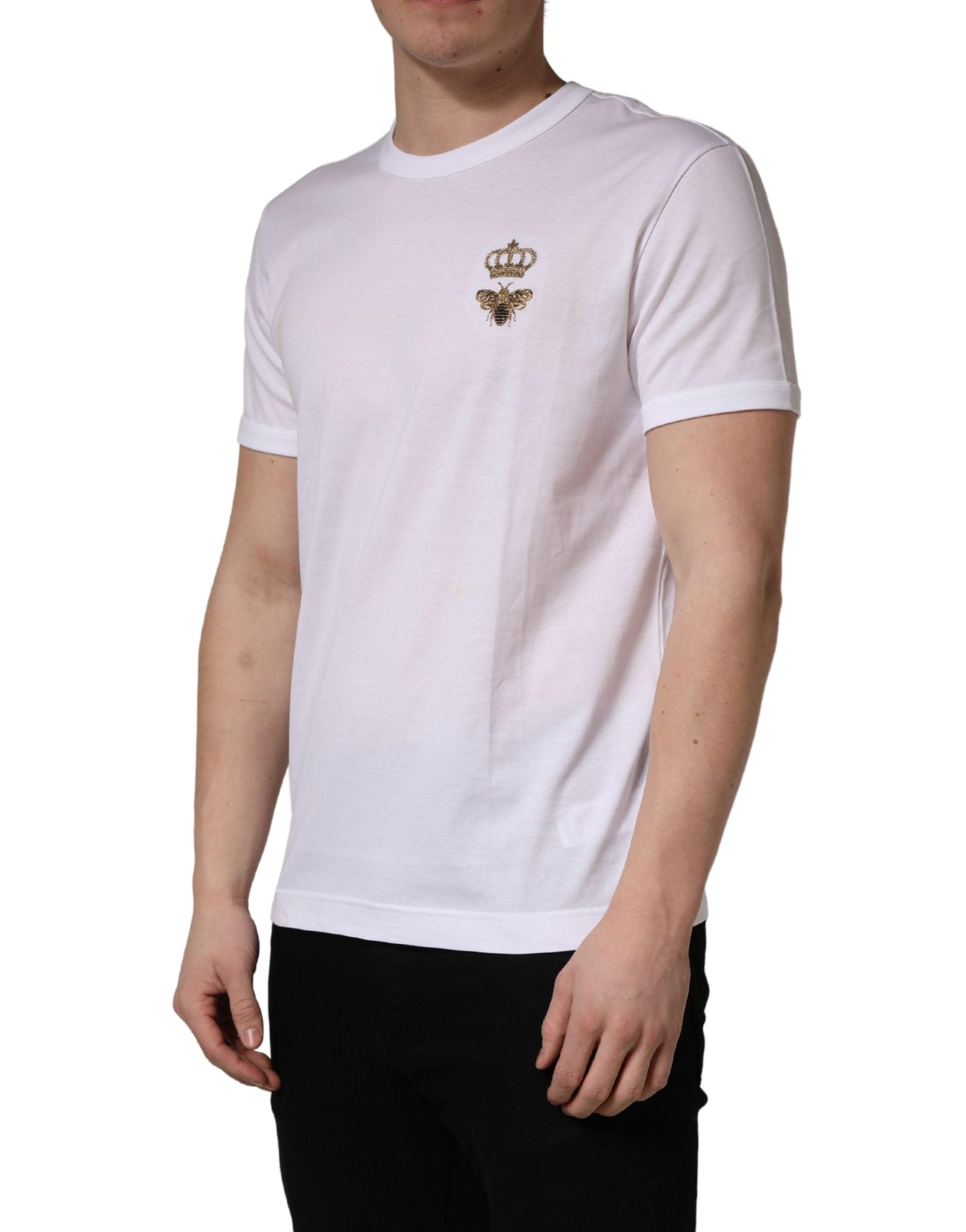 Dolce & Gabbana White Bee Crown Embroidery Cotton Men T-shirt
