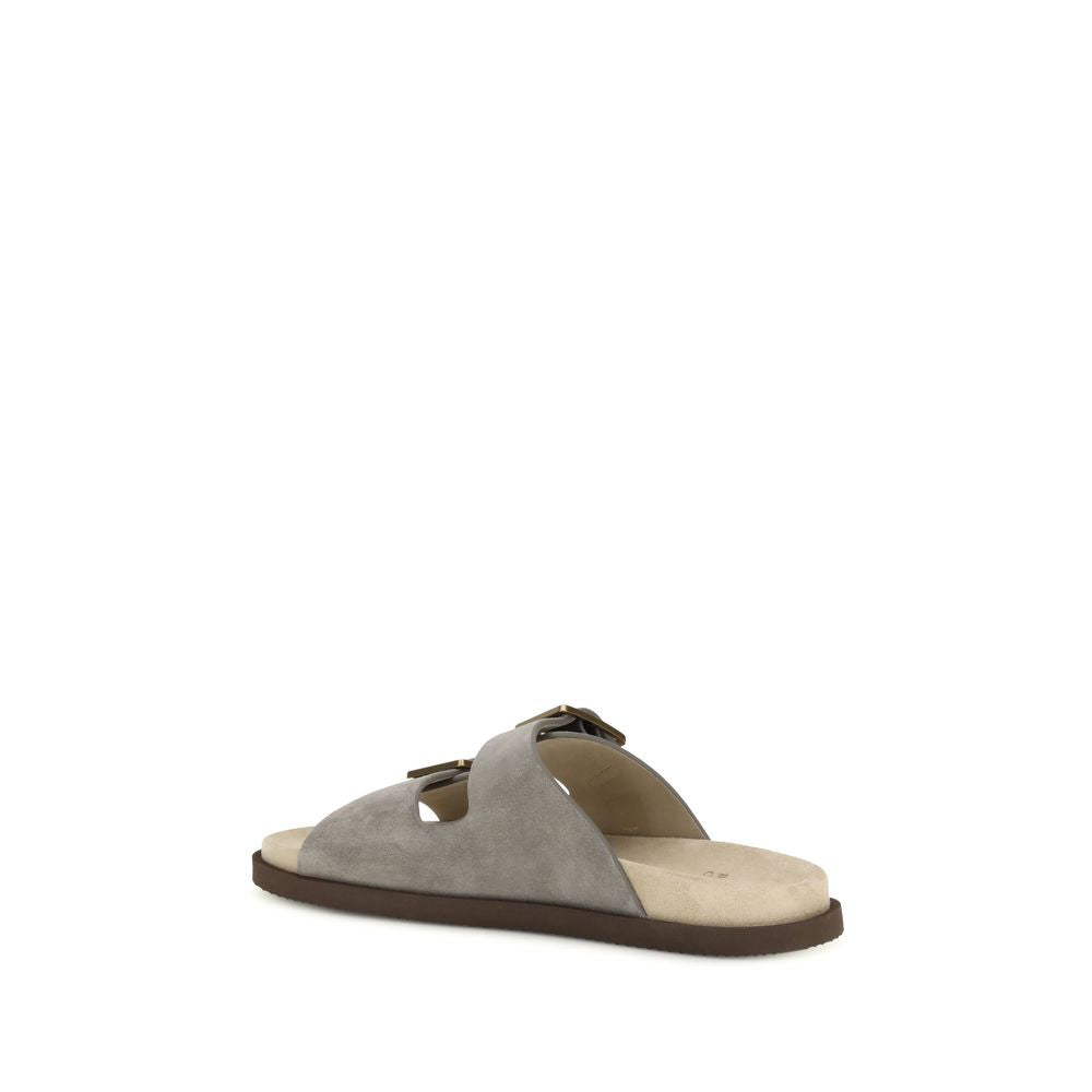 Brunello Cucinelli Gray Calf Leather Bos Taurus Sandals