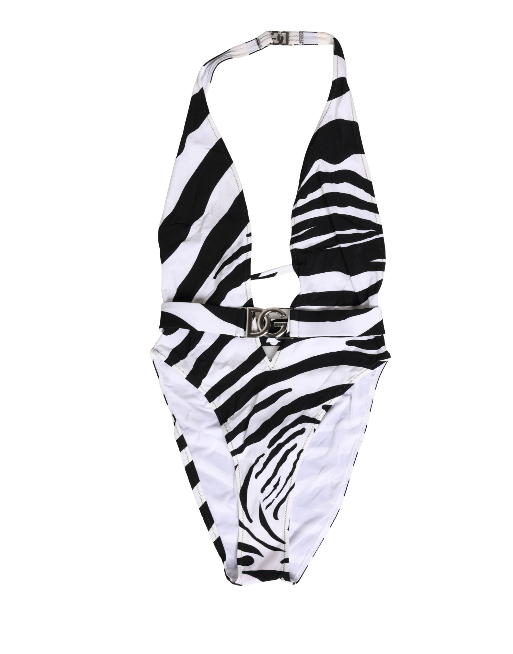 Dolce & Gabbana Black White Zebra Deep V-Neck One Piece Swimwear