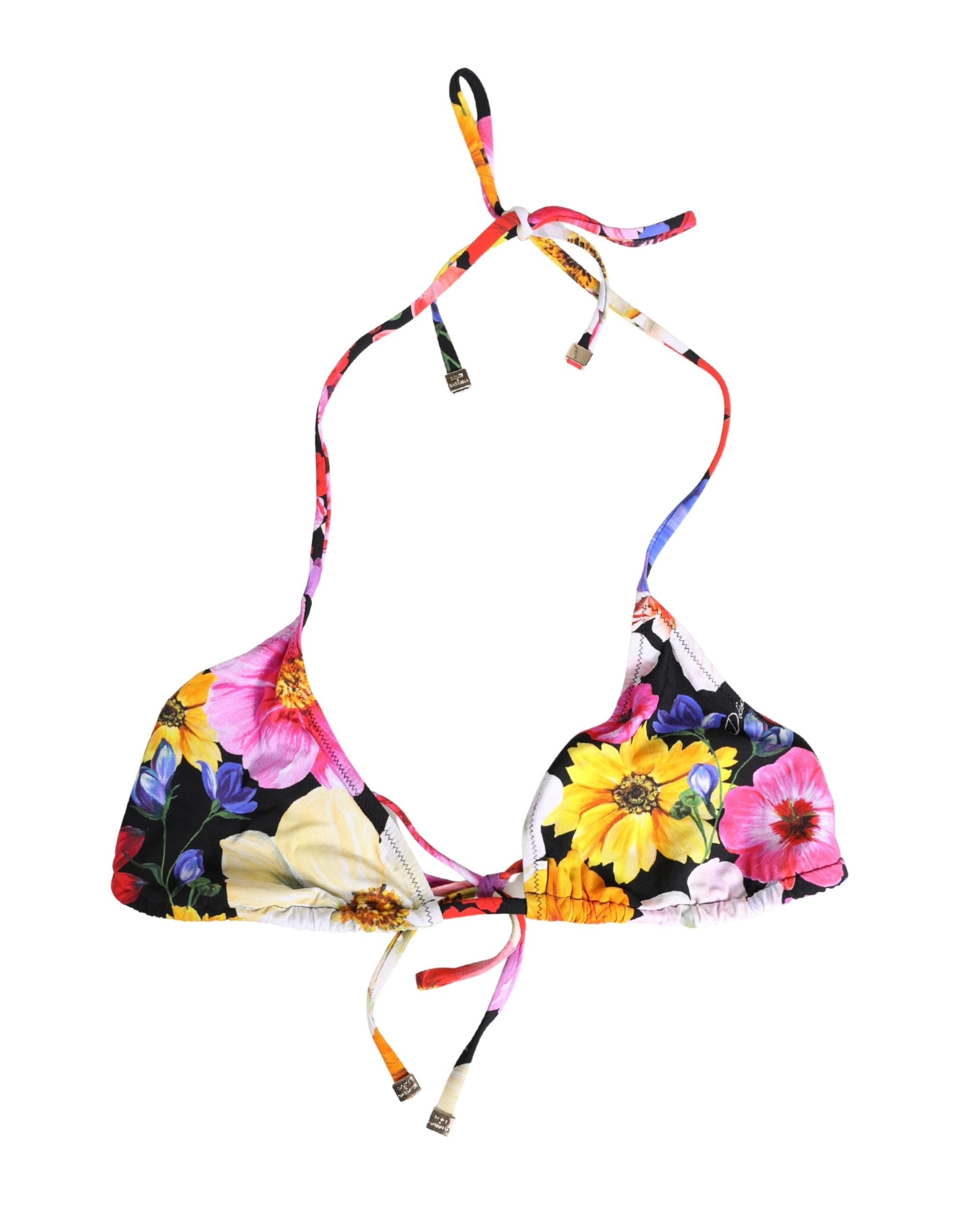 Dolce & Gabbana Black Floral Print Nylon Halter Bikini Top Swimwear