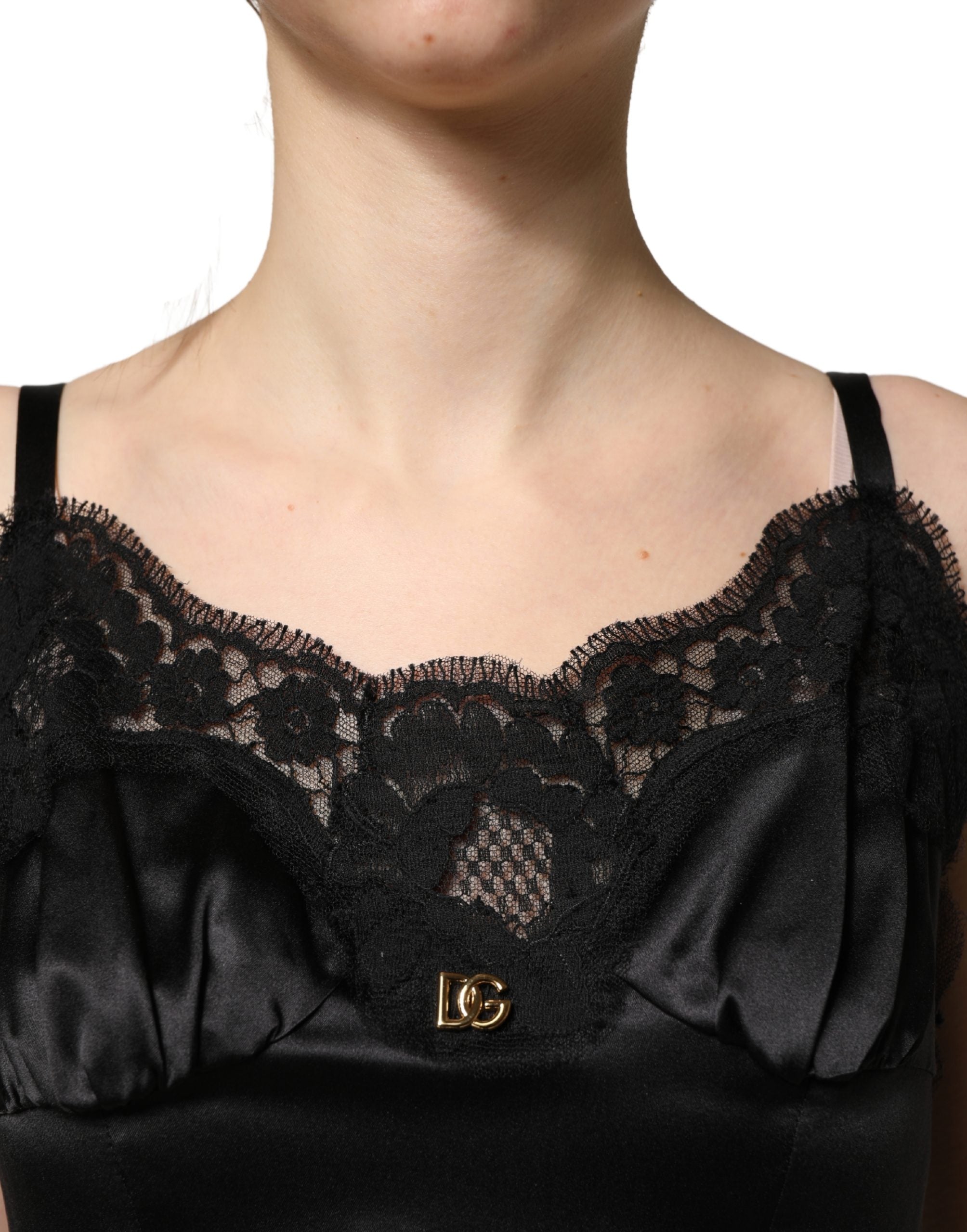 Dolce & Gabbana Black Silk Satin Lace Sleeveless Mini Dress
