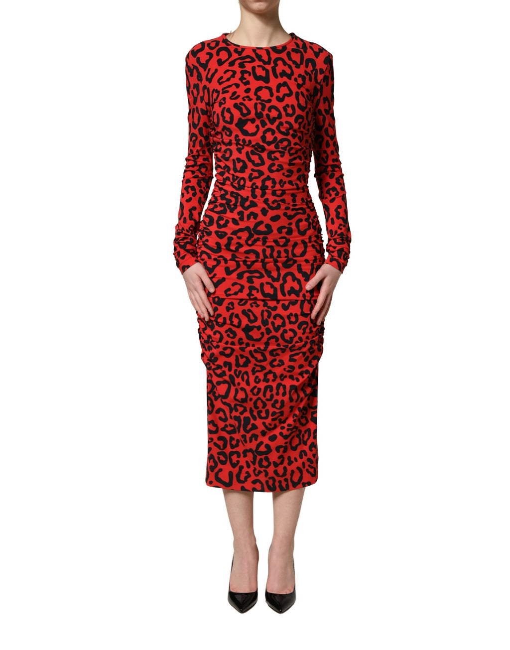 Dolce & Gabbana Rode midi-jurk met lange mouwen en luipaardprint