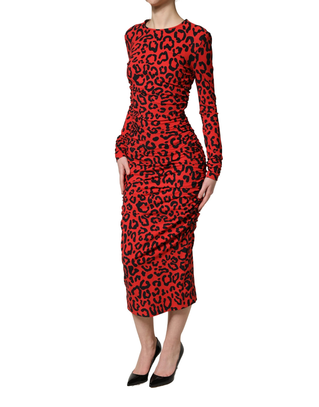 Dolce & Gabbana Rode midi-jurk met lange mouwen en luipaardprint