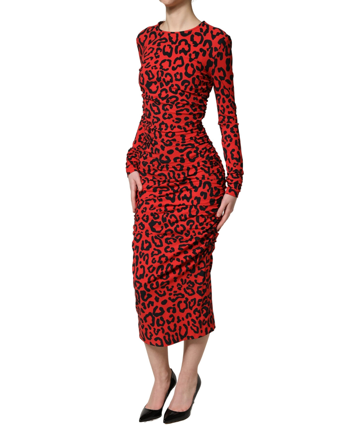 Dolce & Gabbana Rode midi-jurk met lange mouwen en luipaardprint