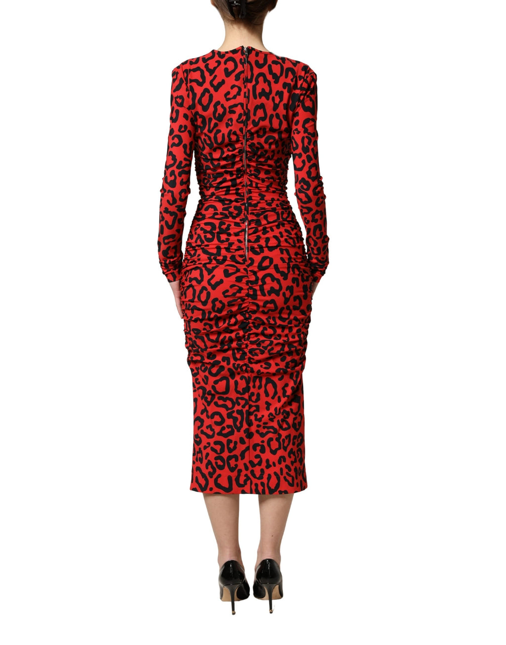 Dolce & Gabbana Rode midi-jurk met lange mouwen en luipaardprint