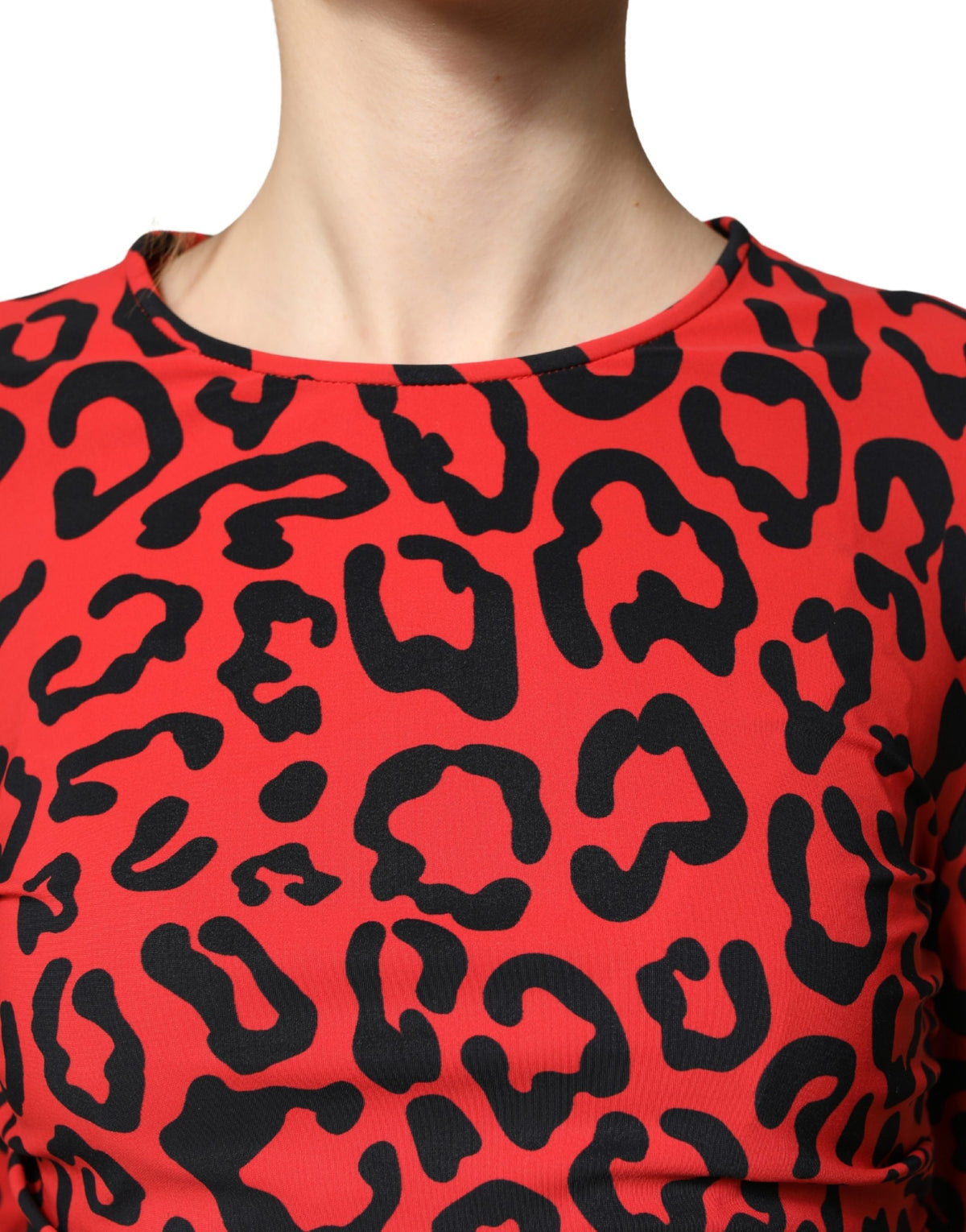 Dolce & Gabbana Rode midi-jurk met lange mouwen en luipaardprint