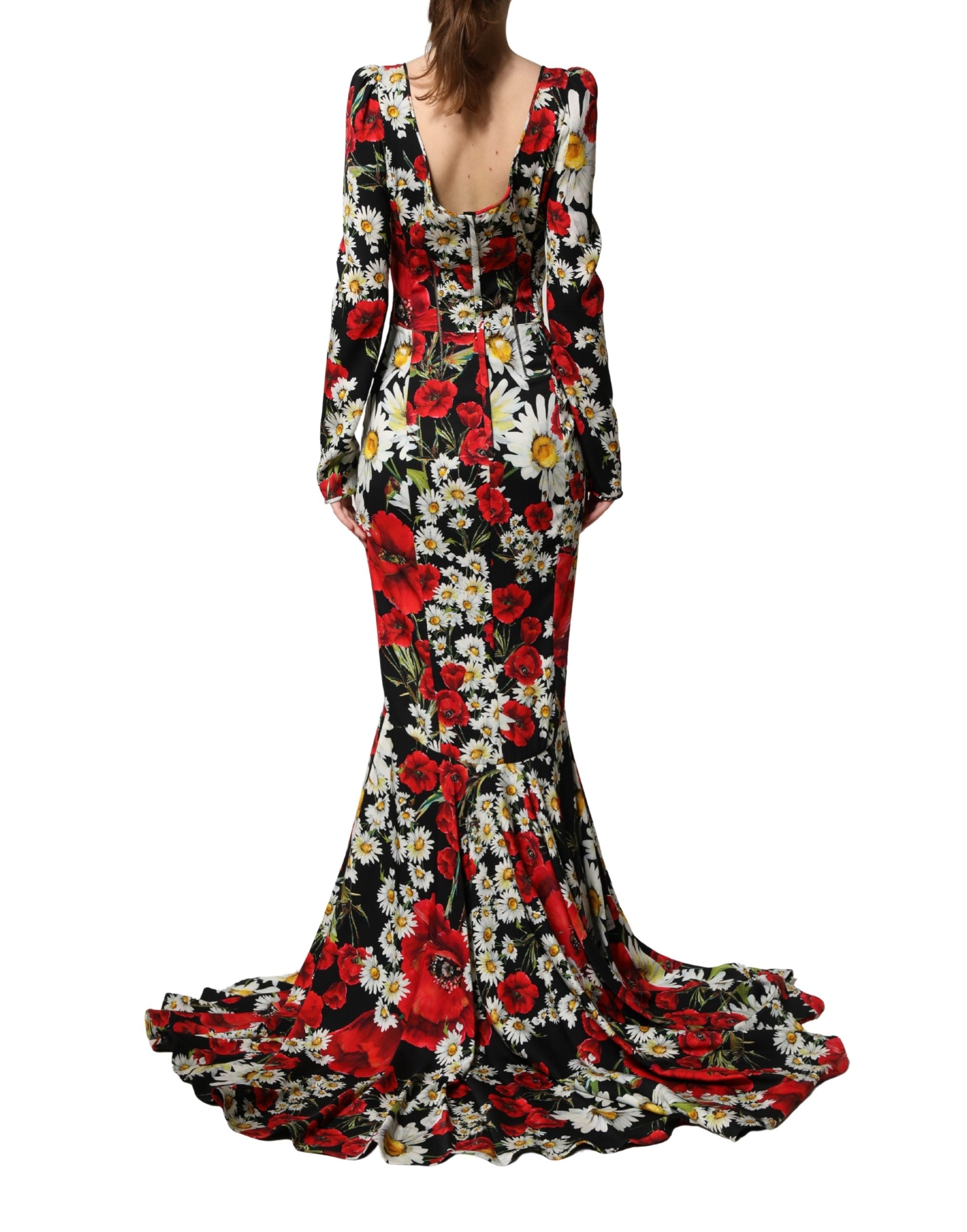 Dolce & Gabbana Black Floral Silk Long Sleeves Gown Dress