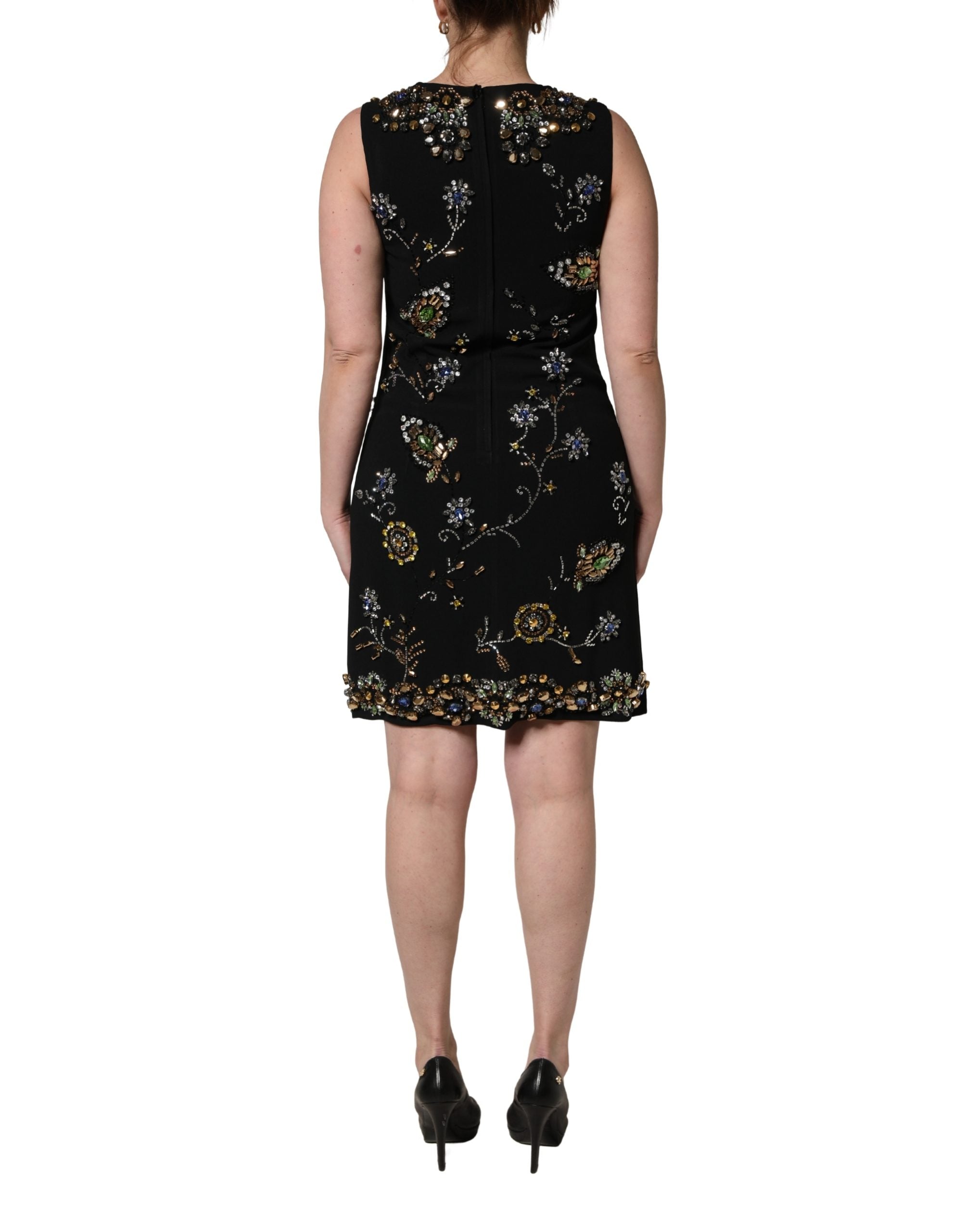 Dolce & Gabbana Black Sleeveless Floral Bead Embellishments Dress