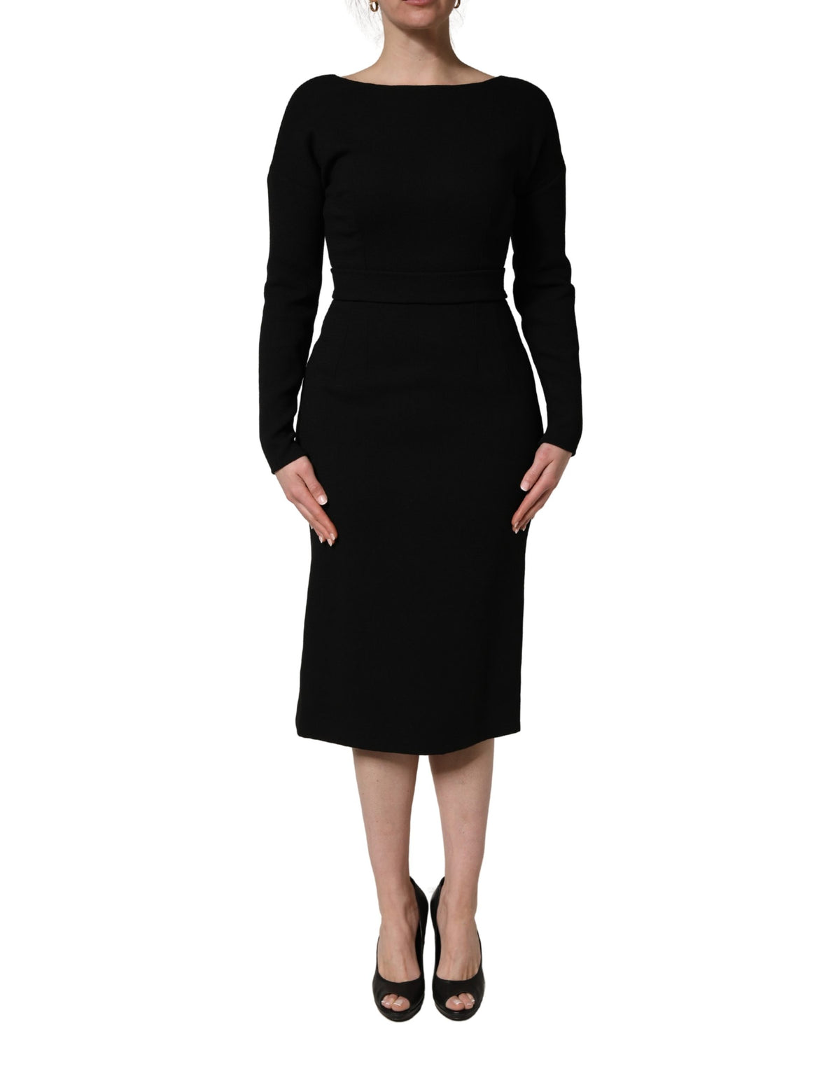 Dolce & Gabbana Zwarte Wollen Crêpe Midi Jurk Met Lange Mouwen