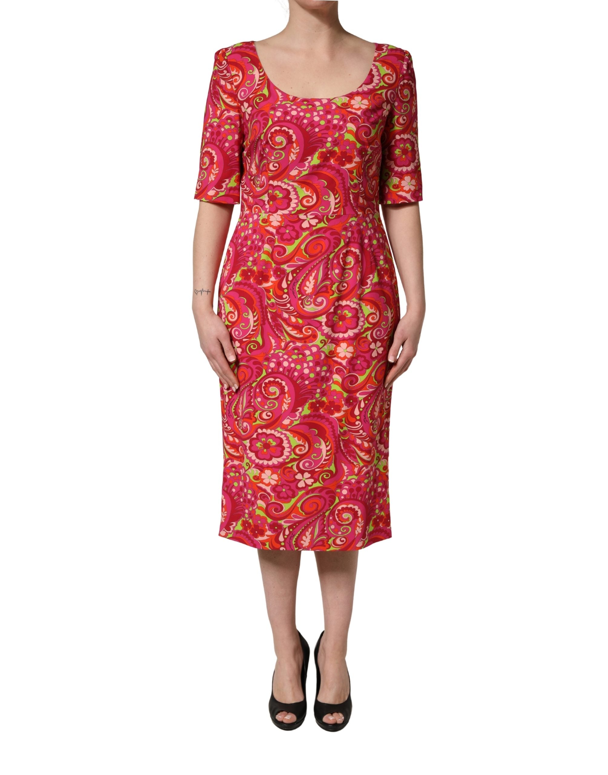 Dolce & Gabbana rotes bedrucktes Etui-Midi-Kleid mit Paisley-Blumenmuster