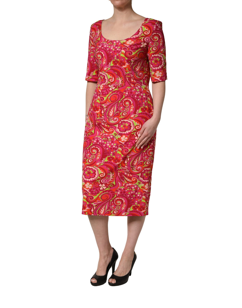 Dolce & Gabbana rotes bedrucktes Etui-Midi-Kleid mit Paisley-Blumenmuster