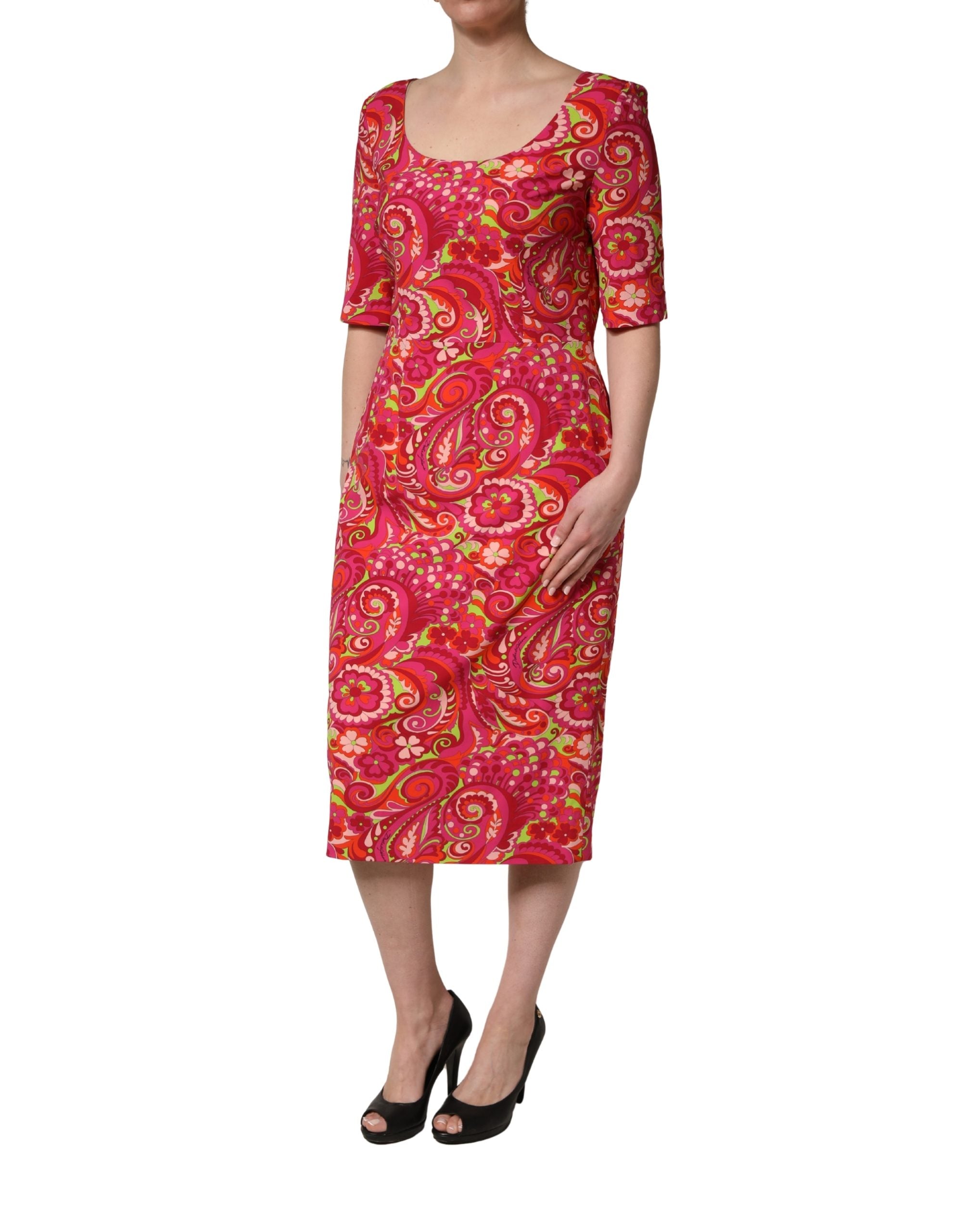 Dolce & Gabbana rotes bedrucktes Etui-Midi-Kleid mit Paisley-Blumenmuster