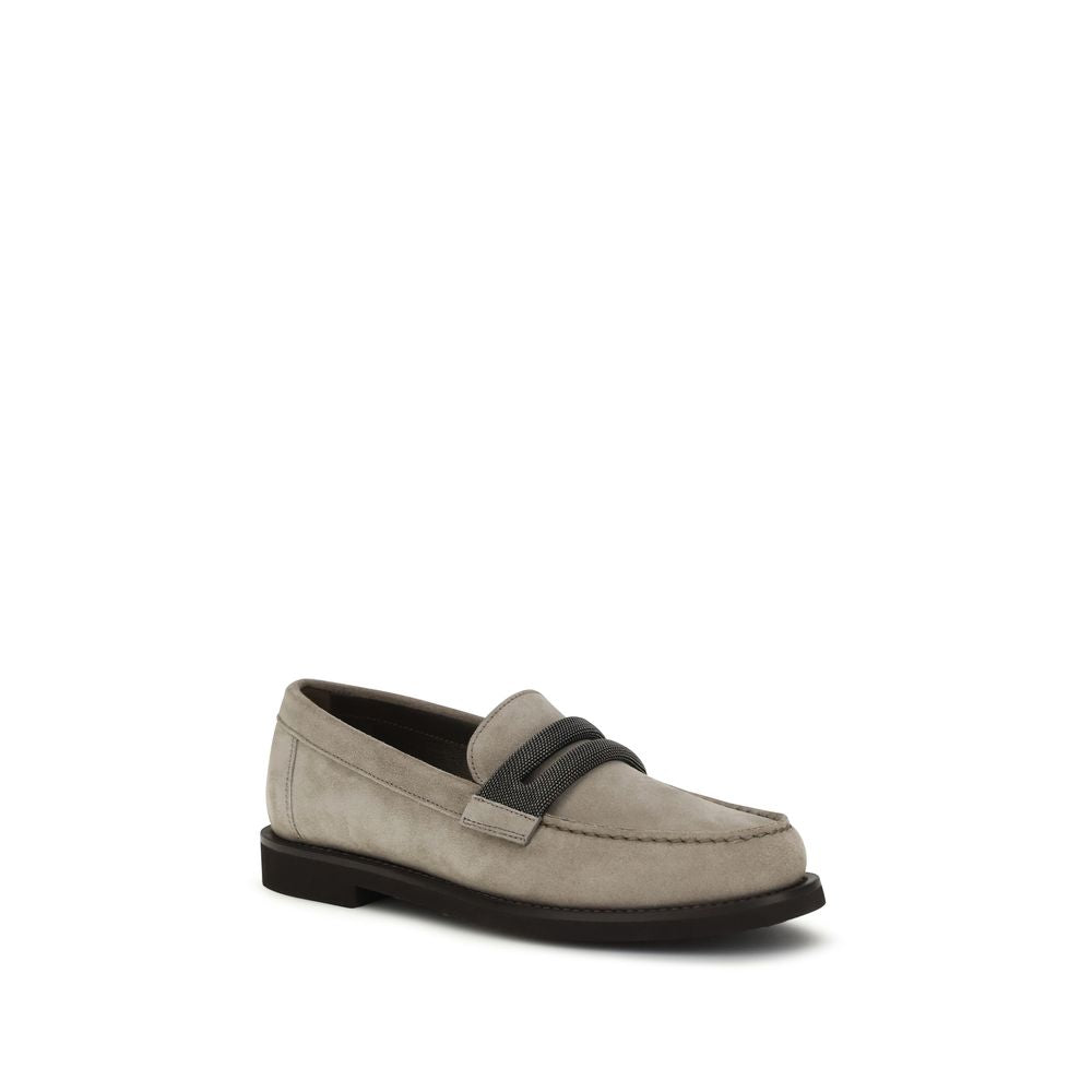 Brunello Cucinelli Gray Calf Leather Bos Taurus Slip-On Loafers