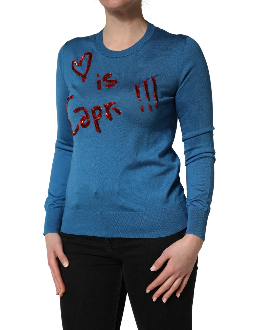 Dolce & Gabbana Blauer Seidener Pailletten-Rundhalspullover