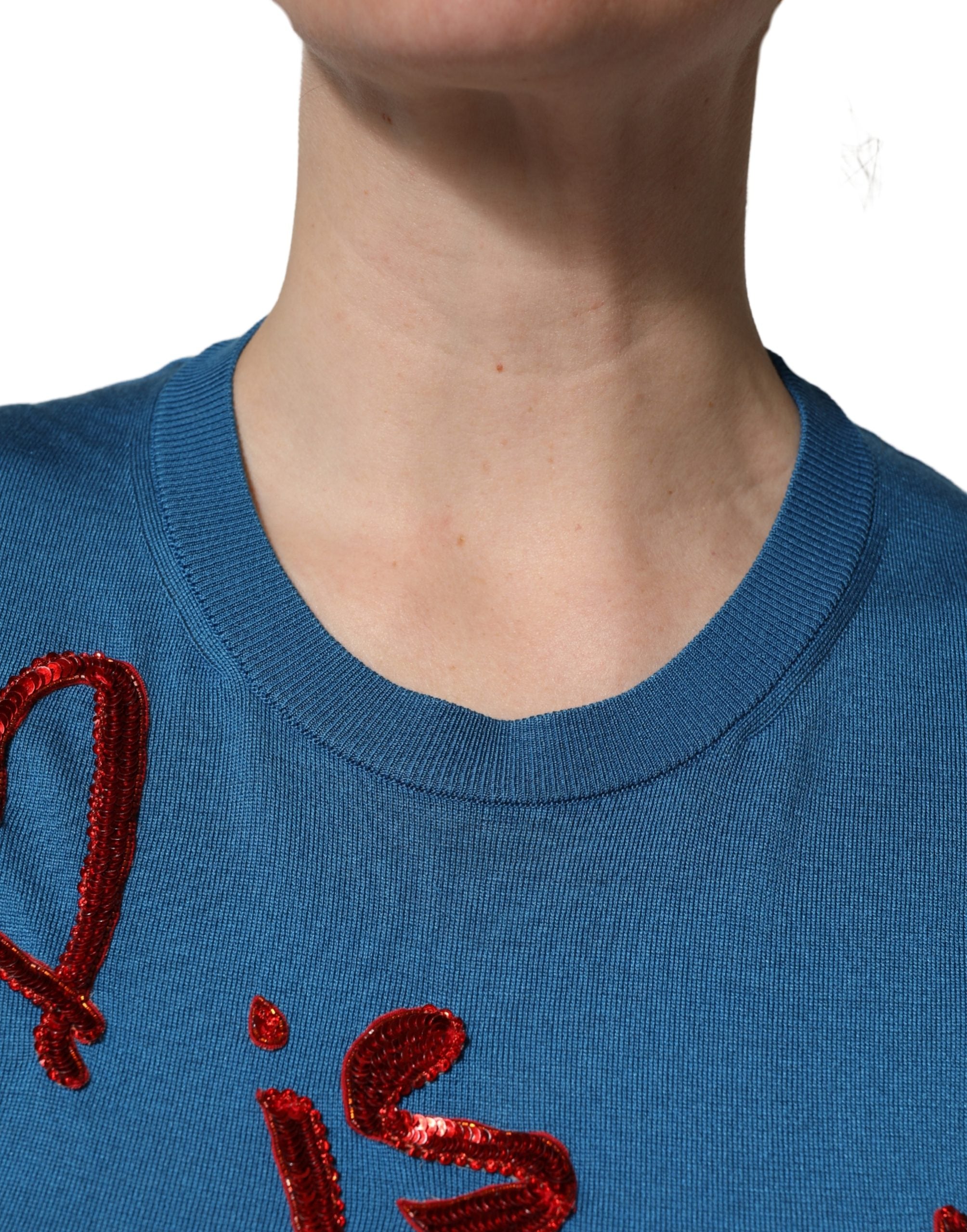 Dolce & Gabbana Blauer Seidener Pailletten-Rundhalspullover