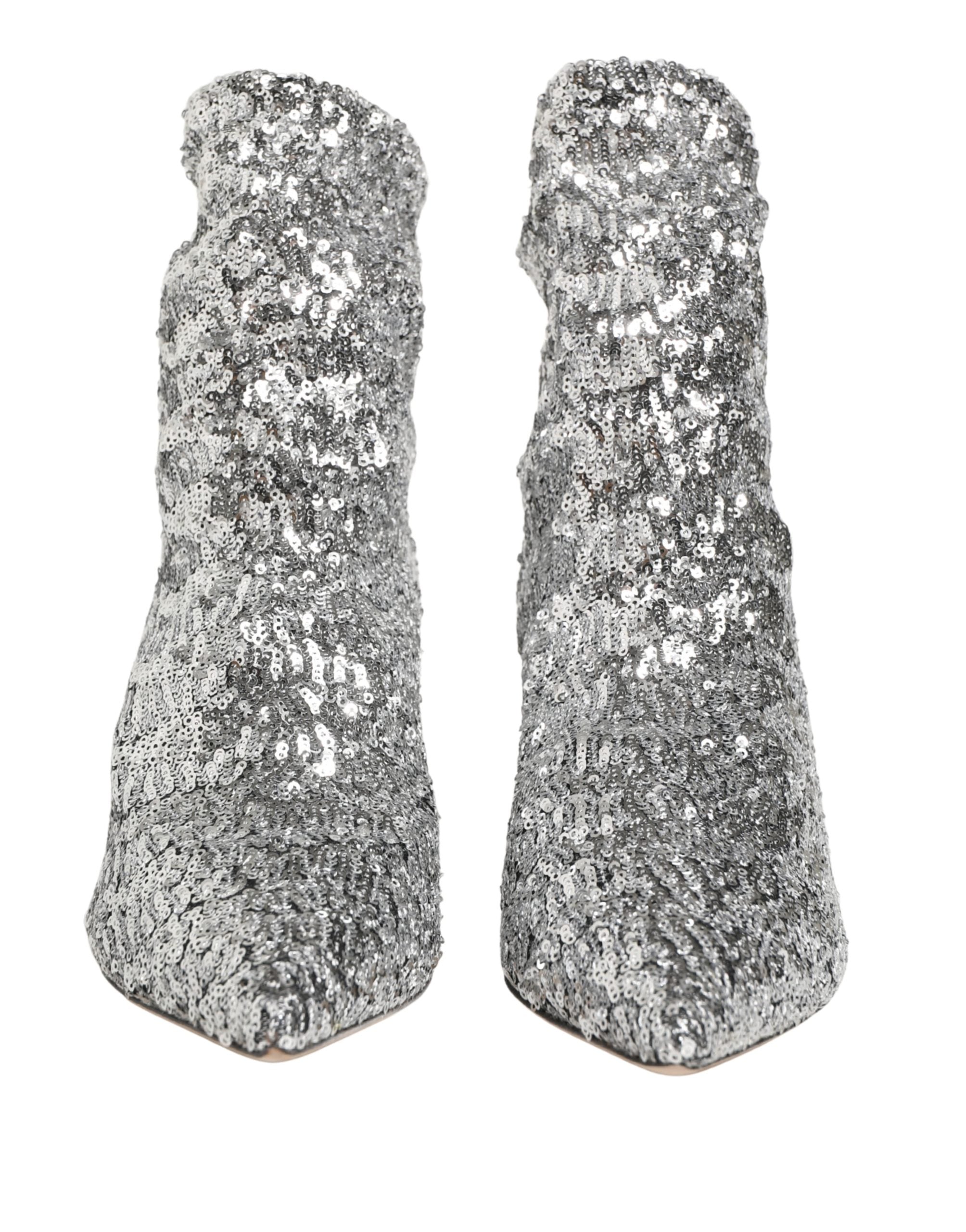 Dolce & Gabbana Silberne Pailletten-Stiefeletten Stretch-Schuhe