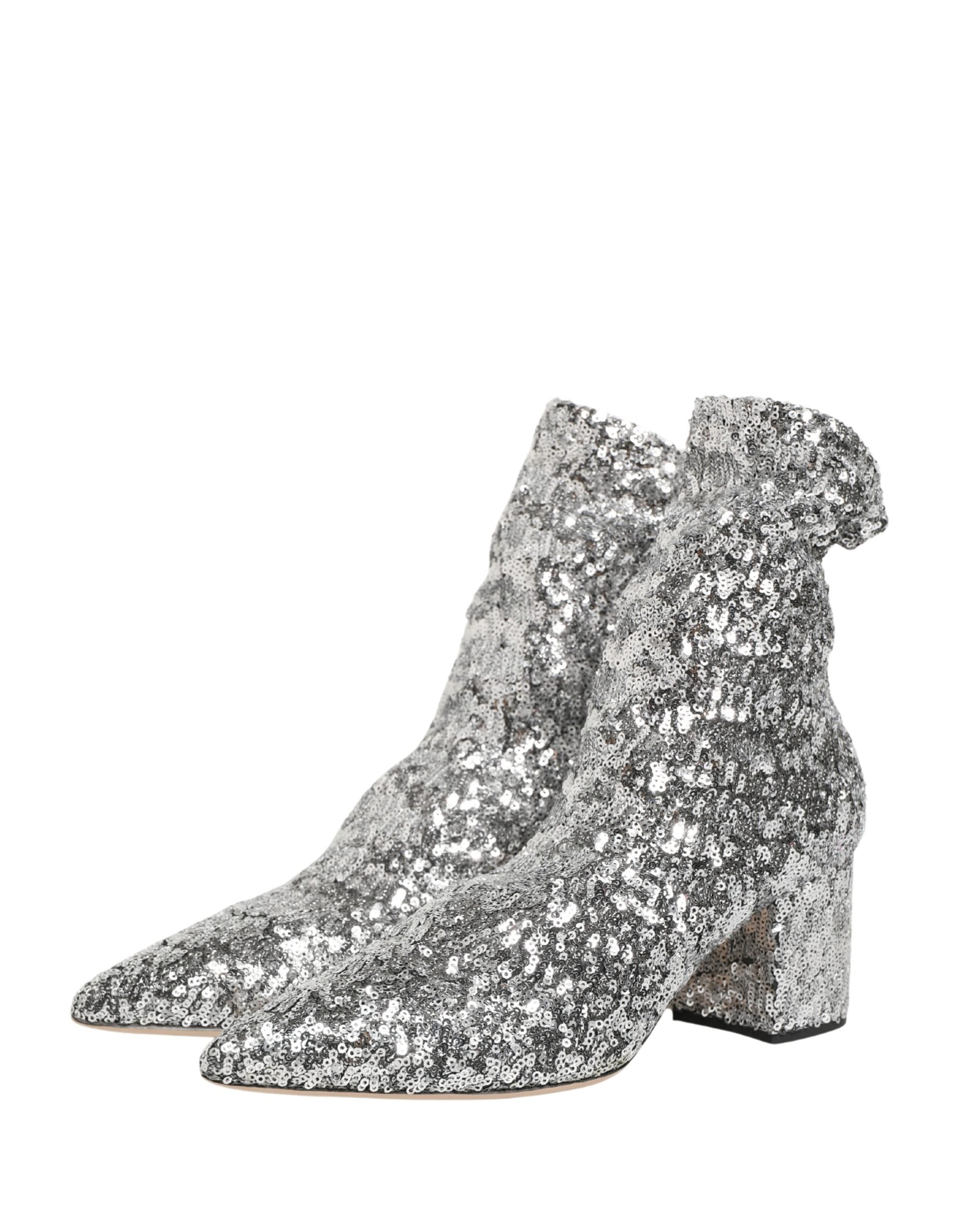 Dolce & Gabbana Silberne Pailletten-Stiefeletten Stretch-Schuhe